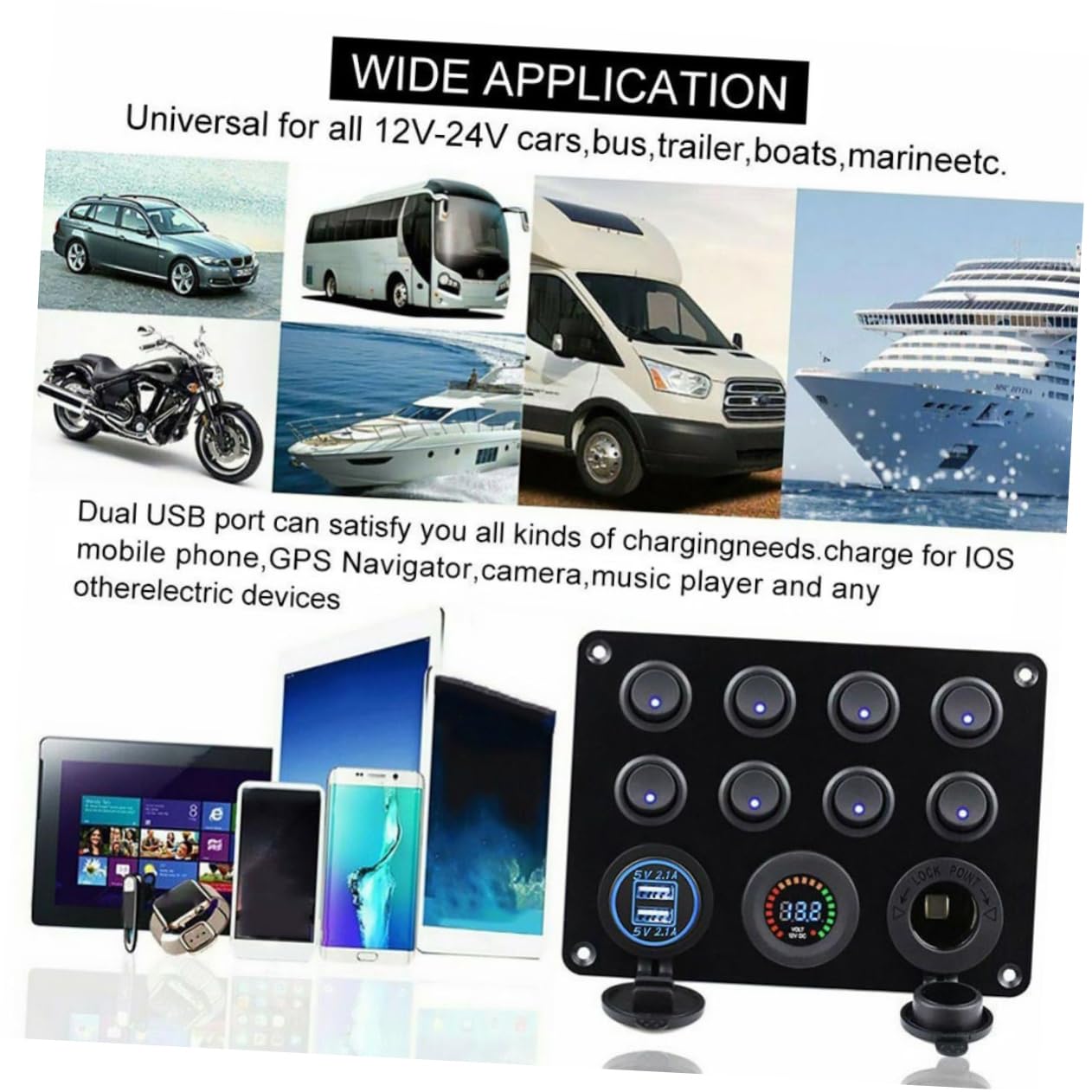 8-fach Kfz Panel mit Zwei USB Steckdosen und Digitalem Voltmeter