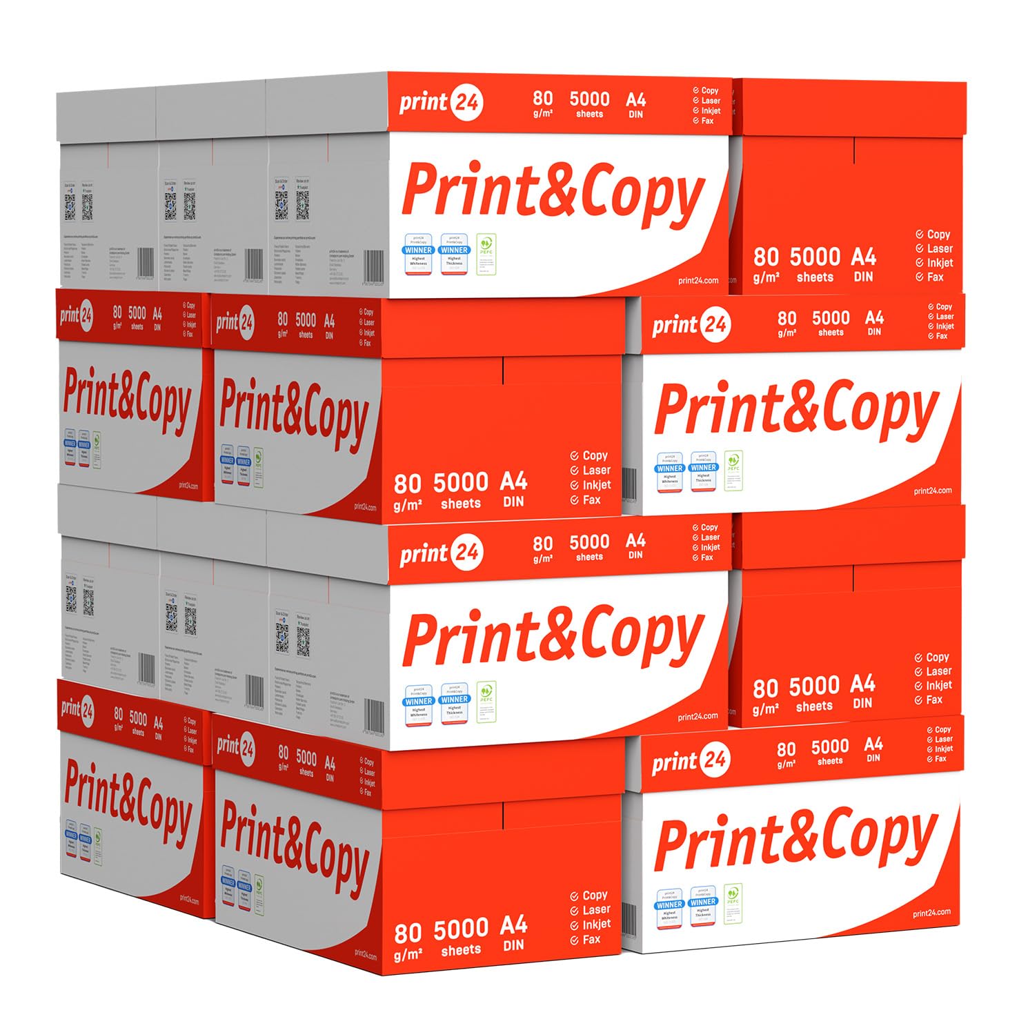 Papel multiusos para impresora, Folios A4, 80g, 100.000 Hojas, 20 Paquetes de 5.000, Color blanco, PEFC