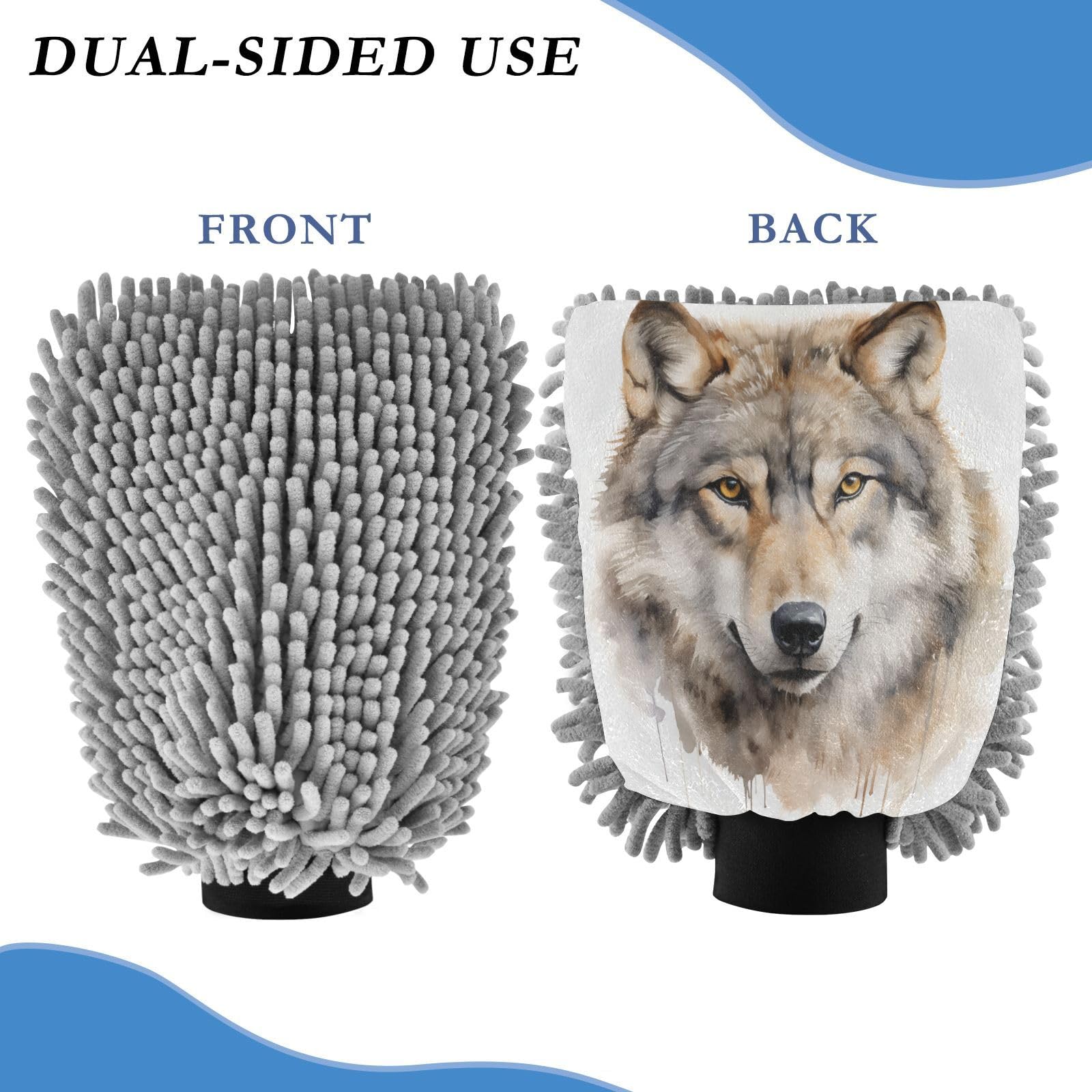 ALAZA Wild Wolf Head Car Wash Mitt Scratch Free, 2 Pack Absorbent Microfiber/Chenille Washing & Drying Mitts, L