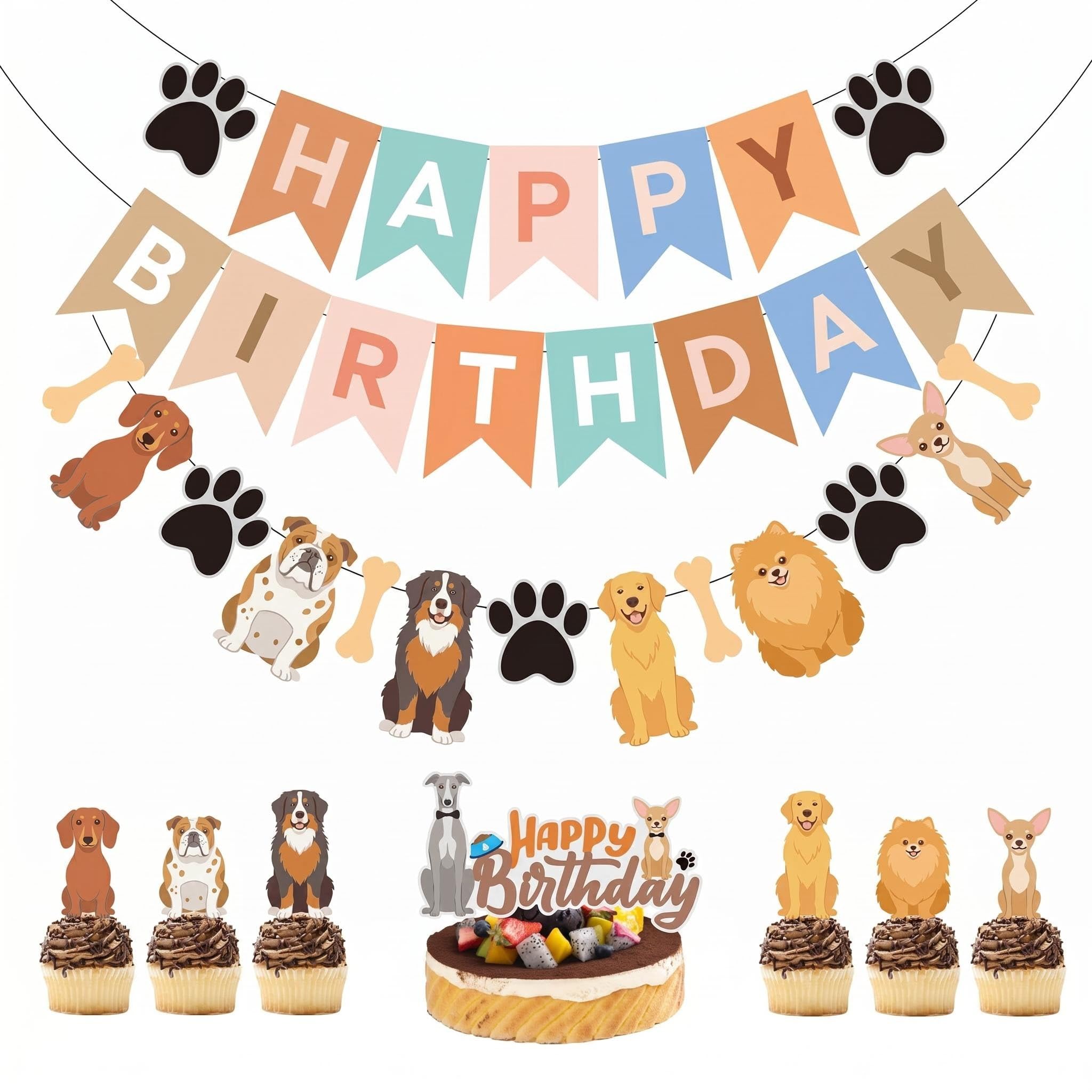 Dog Themed Banner, Colorful Dog Birthday Decorations Dog Paw Print Bone Happy Birthday Flag Backdrop Dog Party Decorations Puppy Birthday Party Supplies