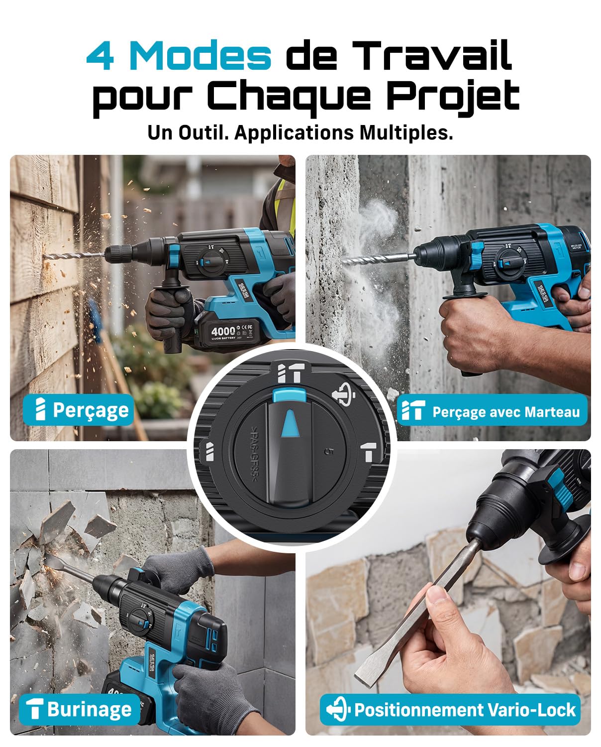 SEESII 2,8J Marteau Perforateur Sans Fil, SDS Plus, Moteur Brushless, 4 en 1 avec 2 Batteries 4.0Ah (Compatible avec les batteries Makita 18 V), pour Béton et Rénovation, avec Forets, Burins