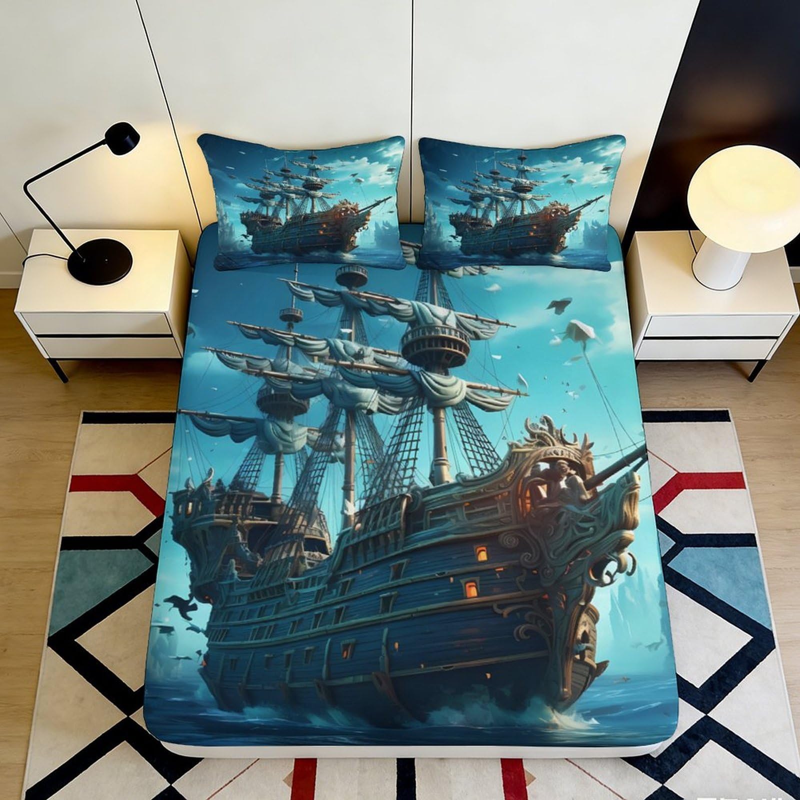 3D Printed Sailing Ship Fitted Sheet Microfiber Soft Breathable Ocean Blue Bed Cover for Bedroom Dormitory Guest Room Mattress Protection Decor 140x200x25cm