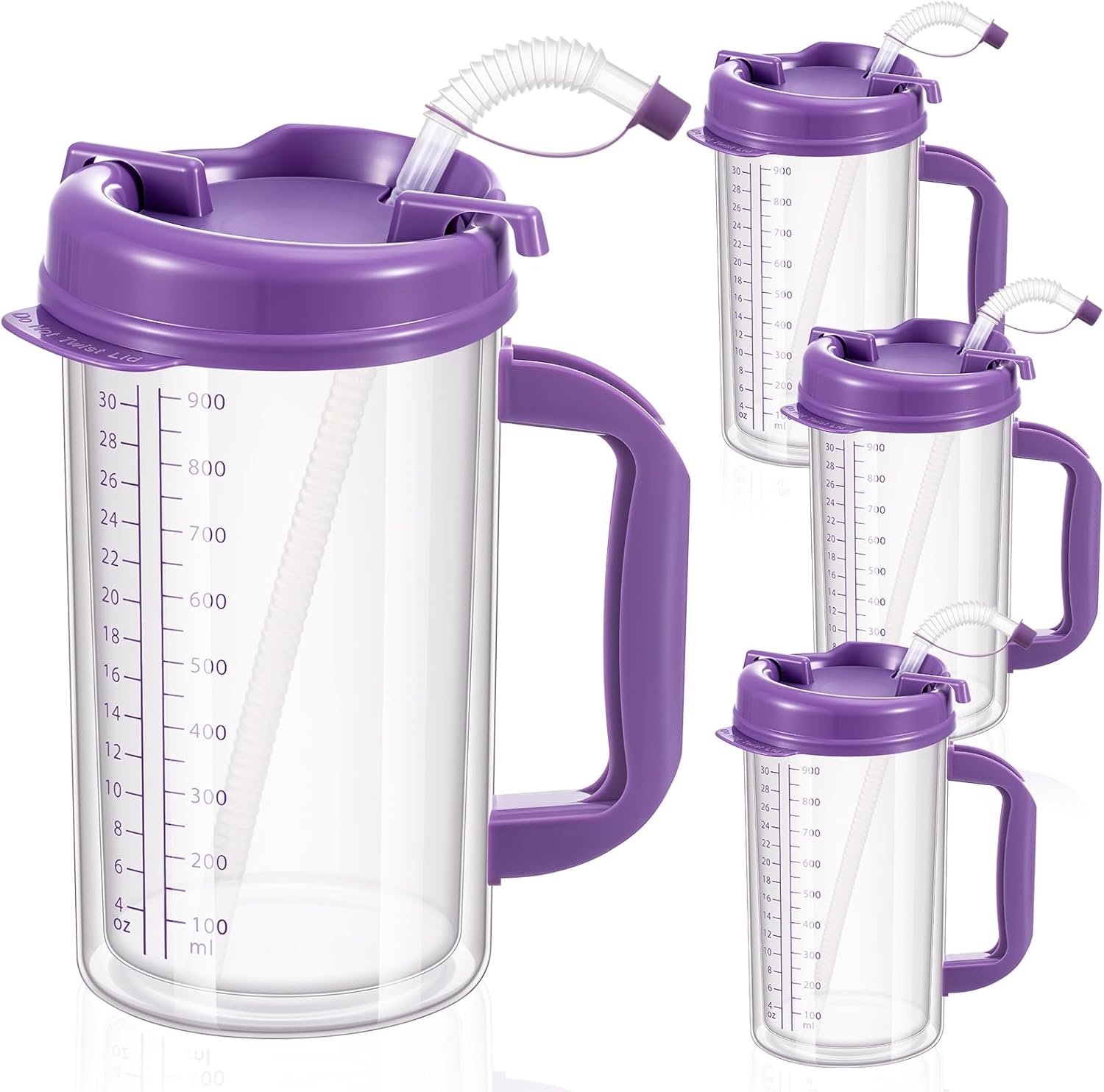 4 Pcs 32 oz Hospital Water Cup with Straw and Lid Insulated Double Walled Water Cup with Handle and Straw Elderly Bottle Plastic Drinking Carafe Insulated Mug (Black)