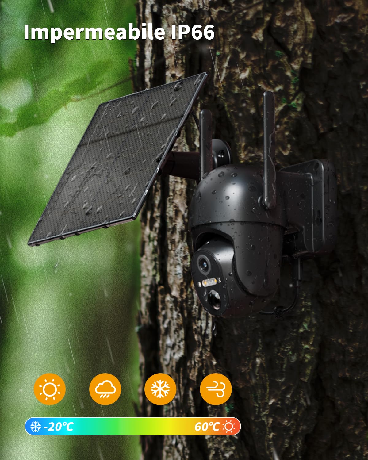 4G Telecamera Esterno con SIM, 2K HD 360° PTZ Telecamere Senza Fili con Pannello Solare Batterie, Visione Notturna Colori, Rilevamento Movimento, Audio Bidirezionale, IP66