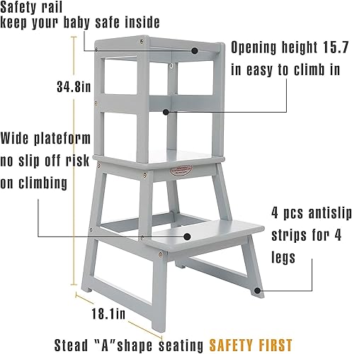 Miniatura 8 de SDADI Taburete de cocina para niños pequeños y niños de 18 meses a 3 años de edad con altura ajustable y barandillas de madera maciza, gris