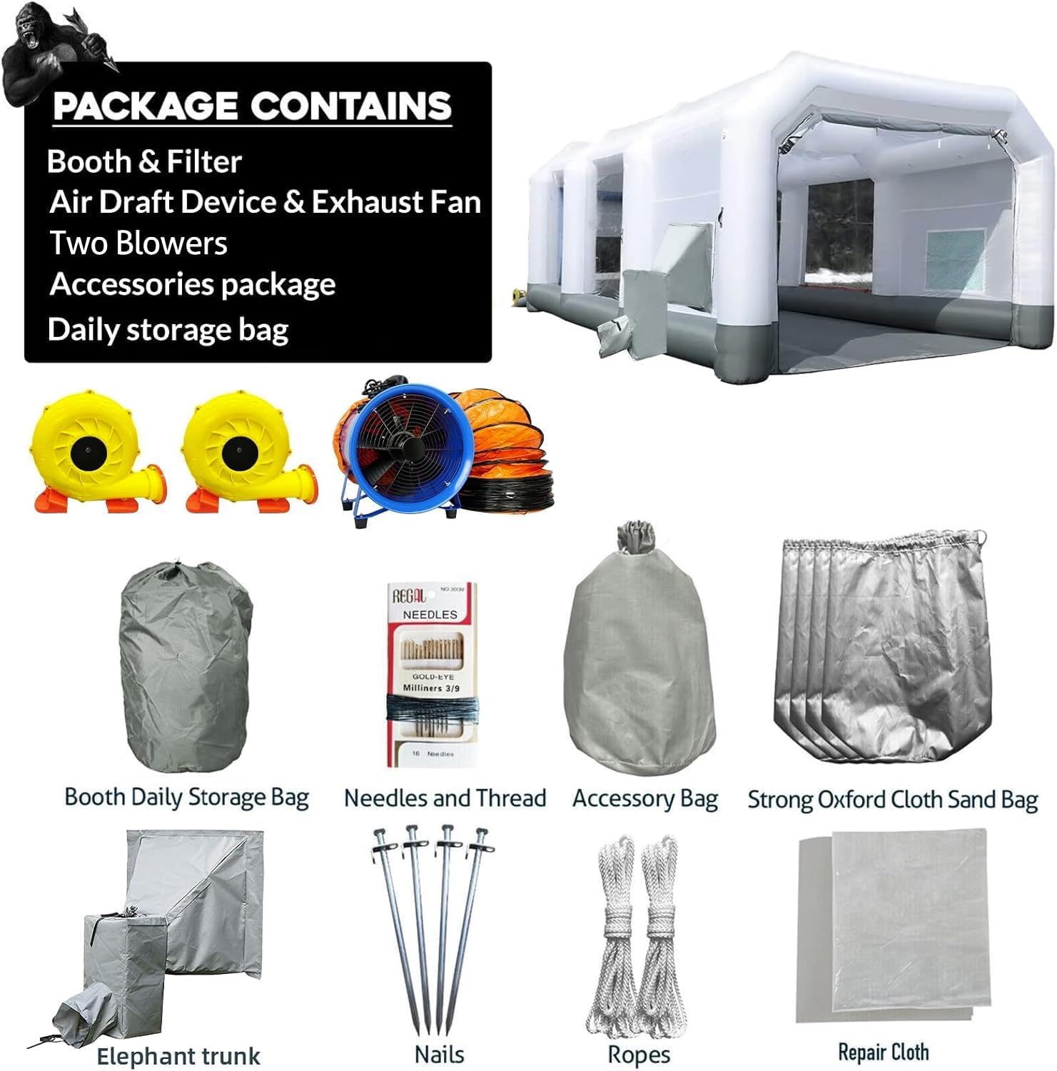 GORILLASPRO 26x15x10Ft Professional Inflatable Paint Booth, Portable Paint Booth Tent Garage with Air Draft Device & Exhaust Fan,2 Blower (750W+950W) for Cars and Trucks Painting