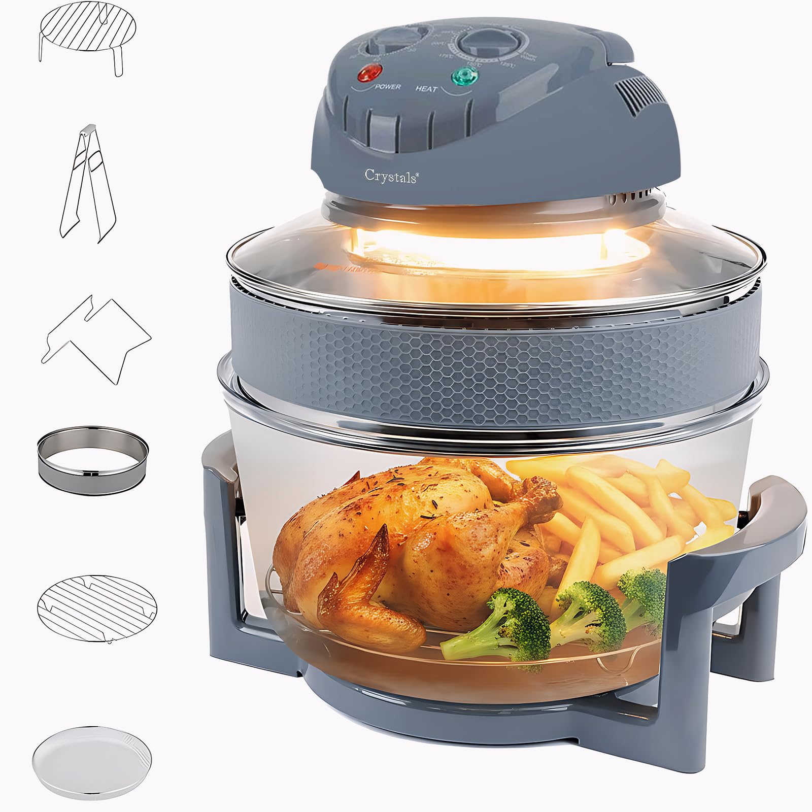 Crystals Halogen Oven Air Fryer, Oil-free Meals With Our Manual Air Fryer, Ideal For Baking, Roasting, Grilling Variety Of Dishes, Includes Accessorie Pack, 60 Minute Timer & Extender Ring- 17L/1400W