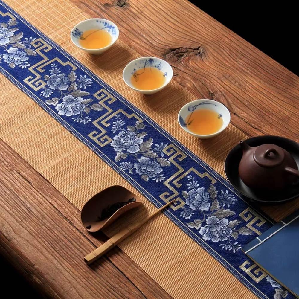 Camino de Mesa de bambú Estilo Pastoral, con Bordado Floral, de algodón y Lino, Estilo Zen, para decoración del hogar, Cocina y Comedor (Azul Marino, 30,5 x 183,8 cm)
