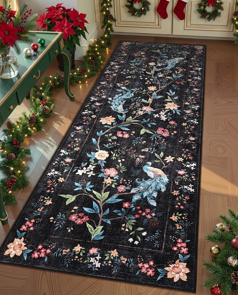 GarveeHome 2x6 Washable Runner Rug for Hallway, Soft Floral Peacock Kitchen Runner with Non Slip Backing Black Entryway Rug Laundry Mat Stain Resistant Carpet for Bathroom Beside Rug