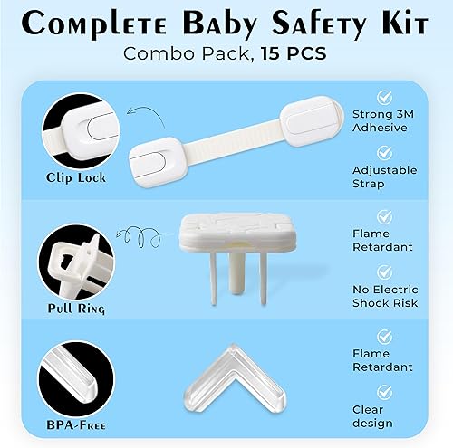 Miniatura 5 de Kit de seguridad infantil todo en uno de 15 piezas con 5 cerraduras de gabinete, 5 protectores de esquina, 5 cubiertas de salida fácil de instalar,