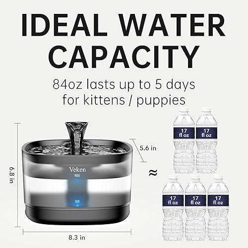 Miniatura 7 de Veken Fuente de agua para gatos con tanque desmontable, fácil de limpiar y montar, dispensador de bebidas para mascotas de 84 oz2.5 L con