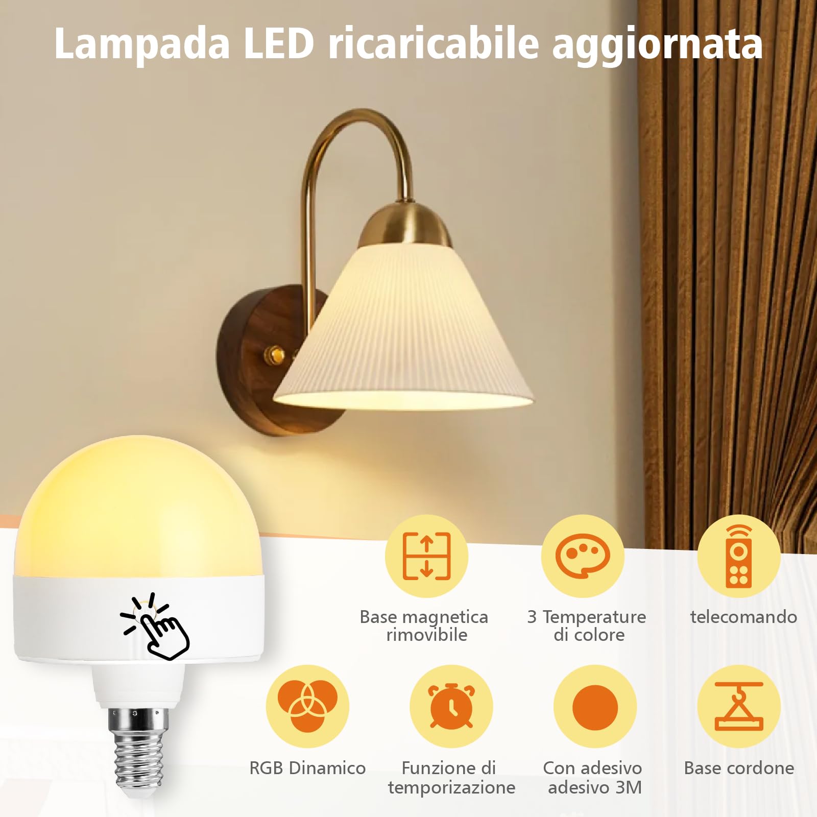 Psatfito Lampadina ricaricabile con timer e telecomando, lampadine a batteria dimmerabili con base magnetica, lampadina LED di ricarica E14, lampade non cablate con 3 temperature di colore + 12 RGB