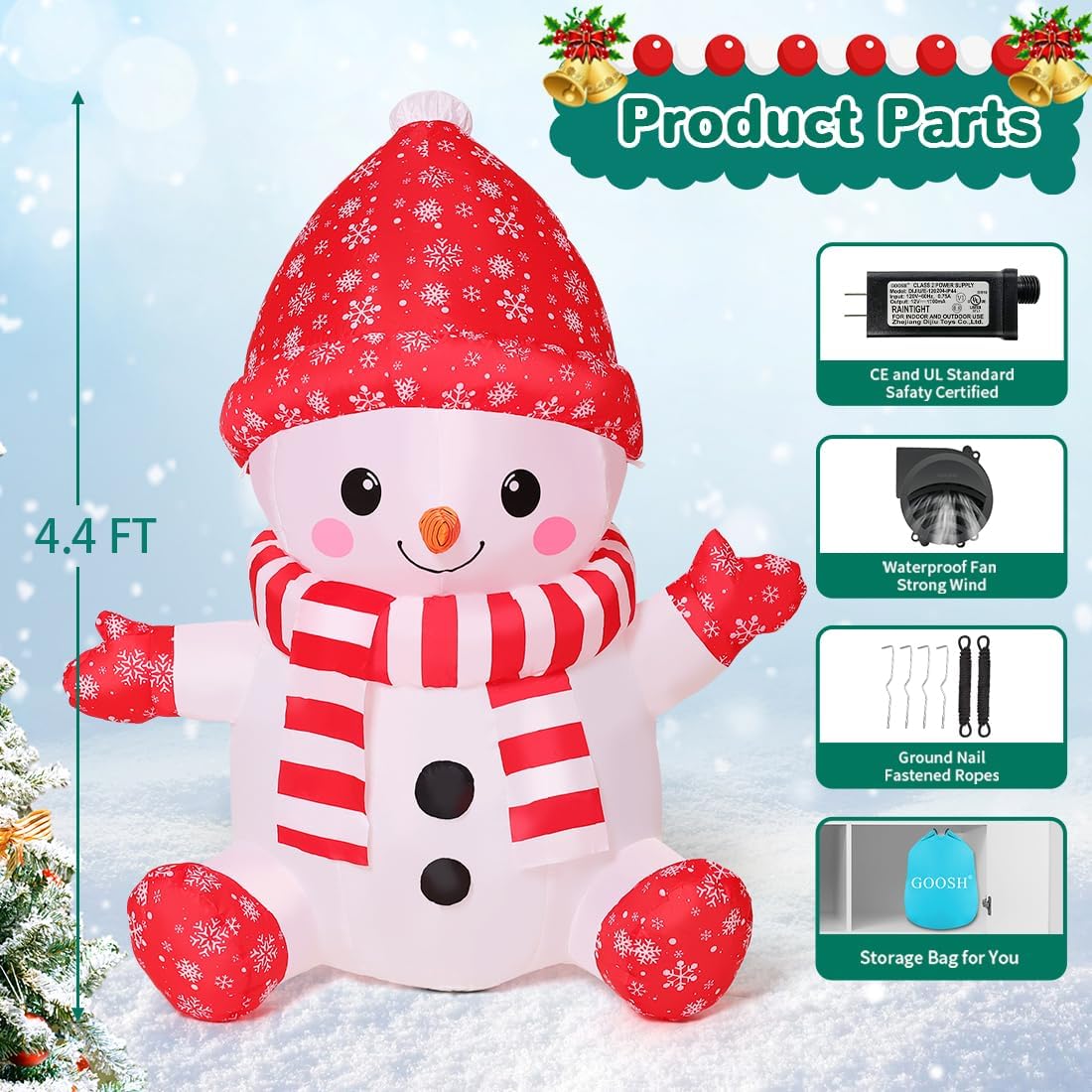 GOOSH 4.4 FT Christmas Inflatables Outdoor Decorations, Inflatable Baby Snowman with Red Hat Gloves Blow Up Yard Decoration Build-in LEDs Xmas Holiday Party Indoor Lawn Christmas Eve Décor