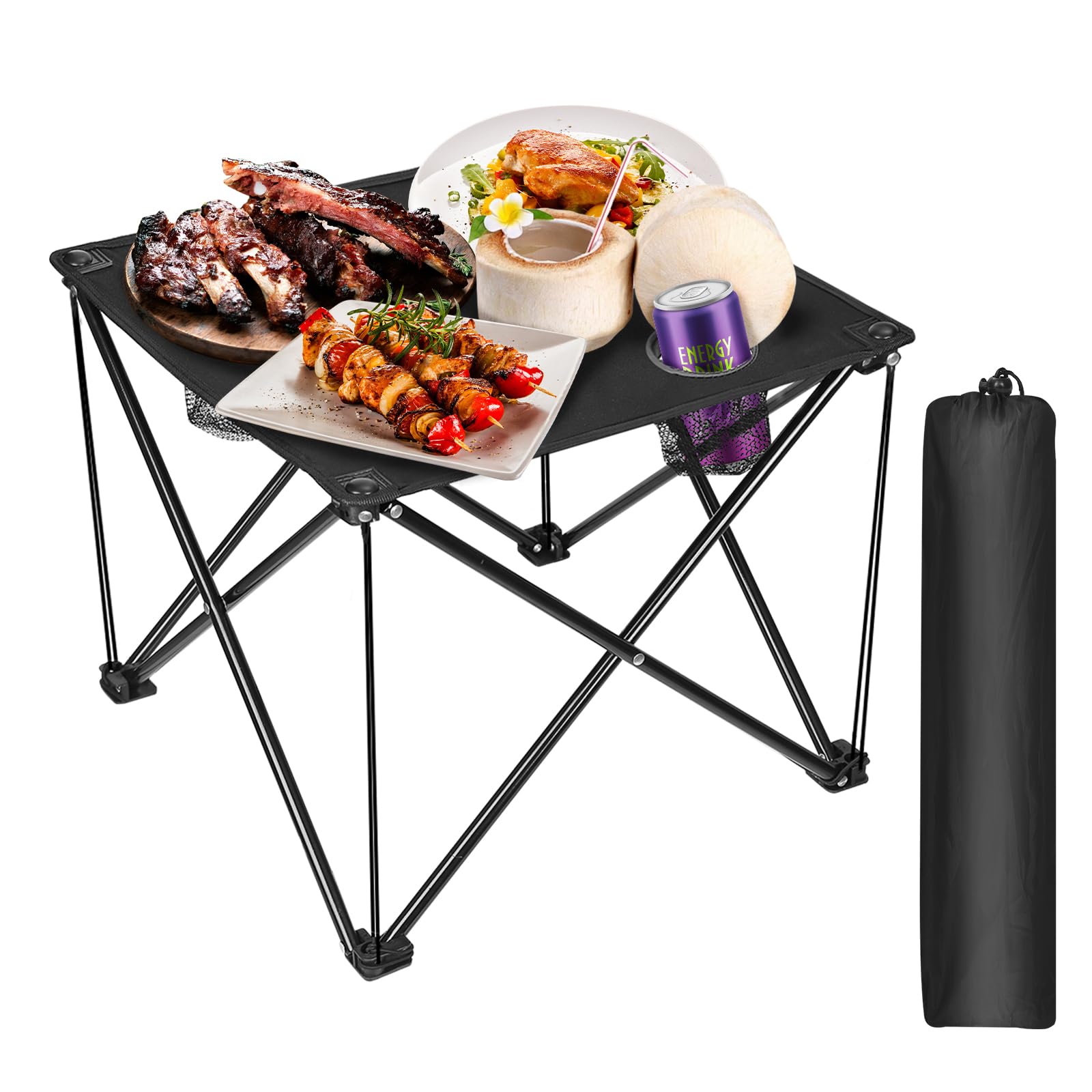 Folding Camping Table, PortableSmall Folding Camp Side Table with 2 Cup Holders&Carry Bag, Rollup Camping Table Beach Table for Outdoor Cooking, Beach, Picnic, Backyard and Party