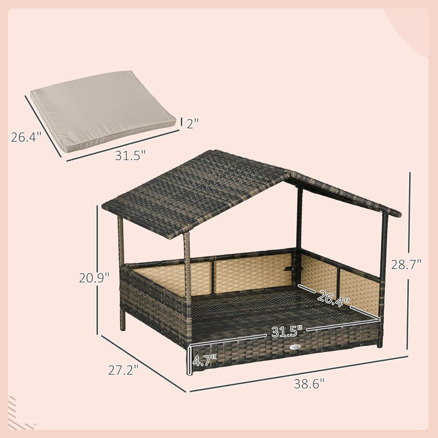 PawHut Wicker Dog House Outdoor with Canopy, Rattan Dog Bed with Water-Resistant Cushion, Raised Pet Bed for Small, Medium Breeds up to 66 lbs, 20" in Length, Brown Wicker, Khaki Cushion