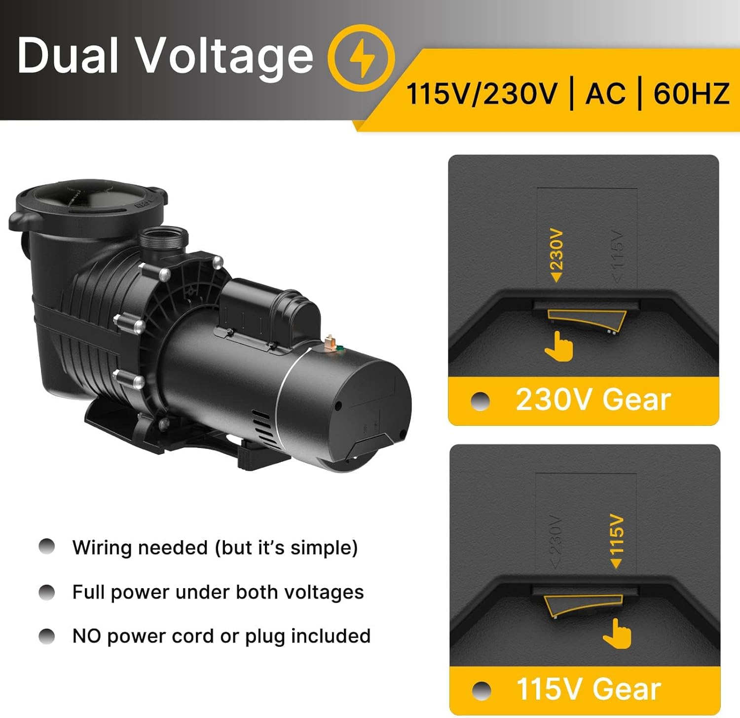 1.5 HP Pool Pump | Dual Voltage | 4500GPH Max Flow | 42FT Head Lift | DoE-Compliant | 1.25/1.5/2" Fittings | Pool Pump for Above Ground Pools and Inground Pools | 115V/230V AC 60HZ | Model J07501E