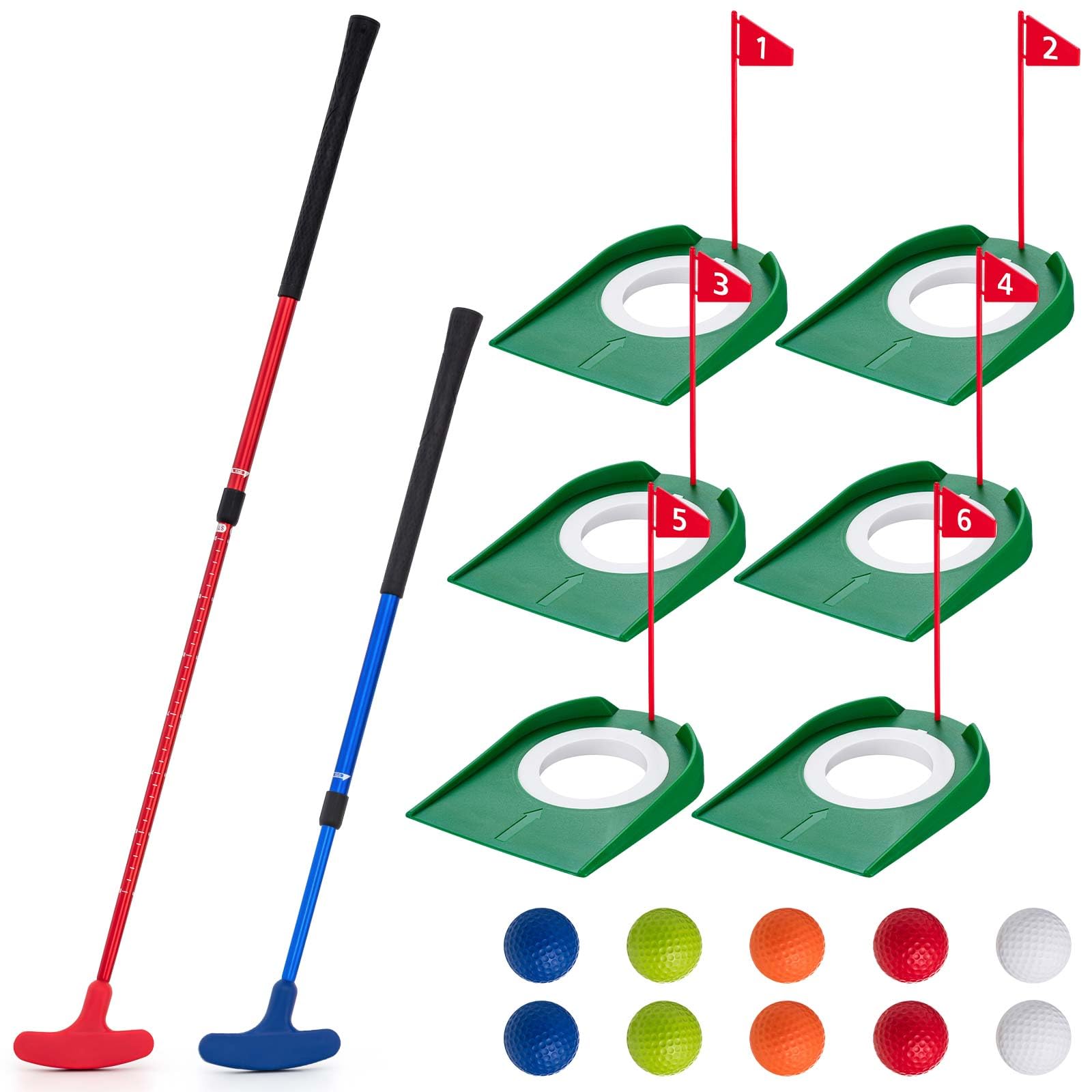 Lenwen Mini Golf Putting Set Include 2 Golf Putter Adjustable Length 2 Way for Right or Left Handed Golfers 10 Practice Balls 6 Putting Cup with Flags for Kids Indoor Gift Office Tournament