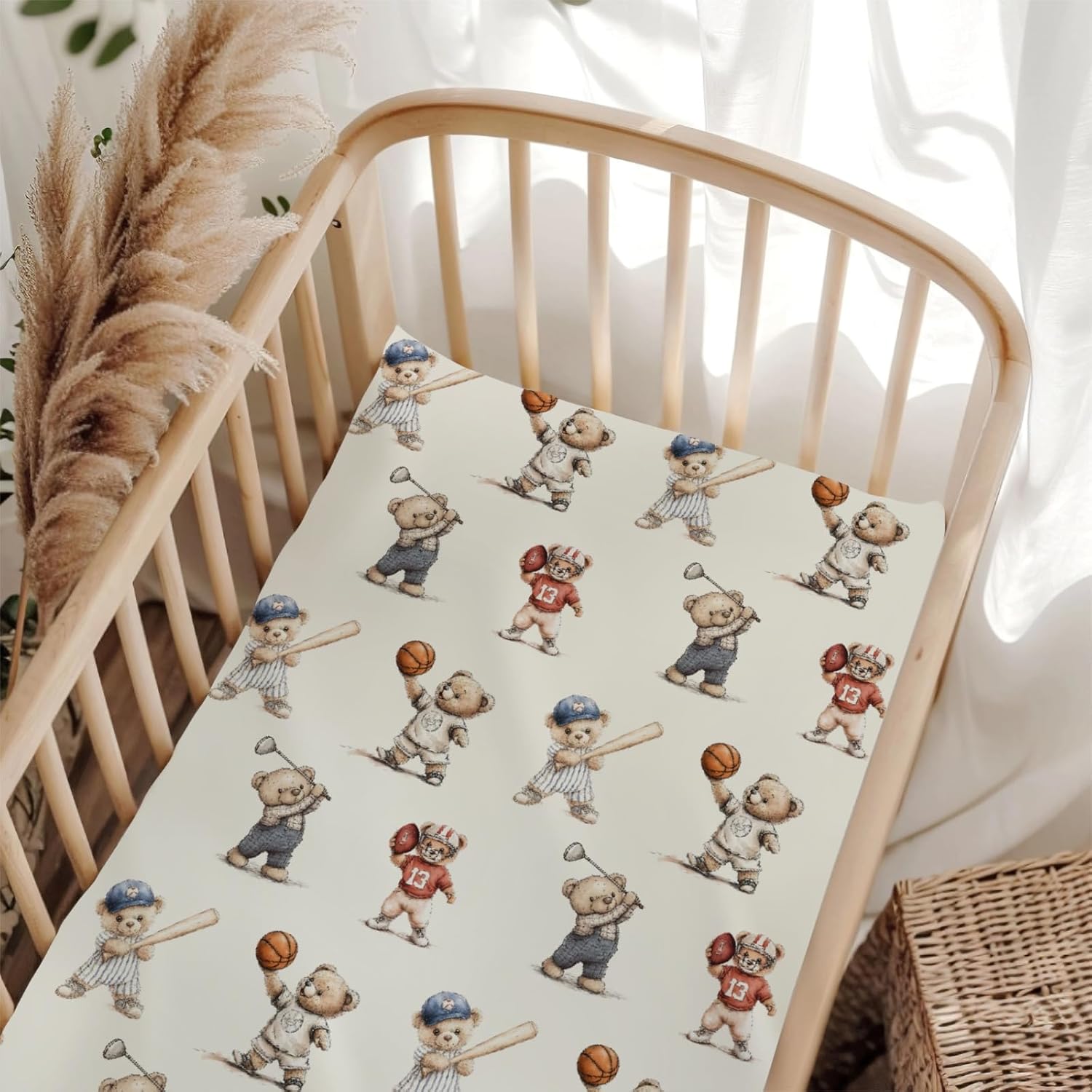 Cute Sport Bears Golf Baseball Basketball Fitted Baby Crib Sheet for Boys Girls 28x52 Inch Sports Lover Gift Baby Sheet for Standard Crib and Toddler Mattress Nursery Bed Sheets