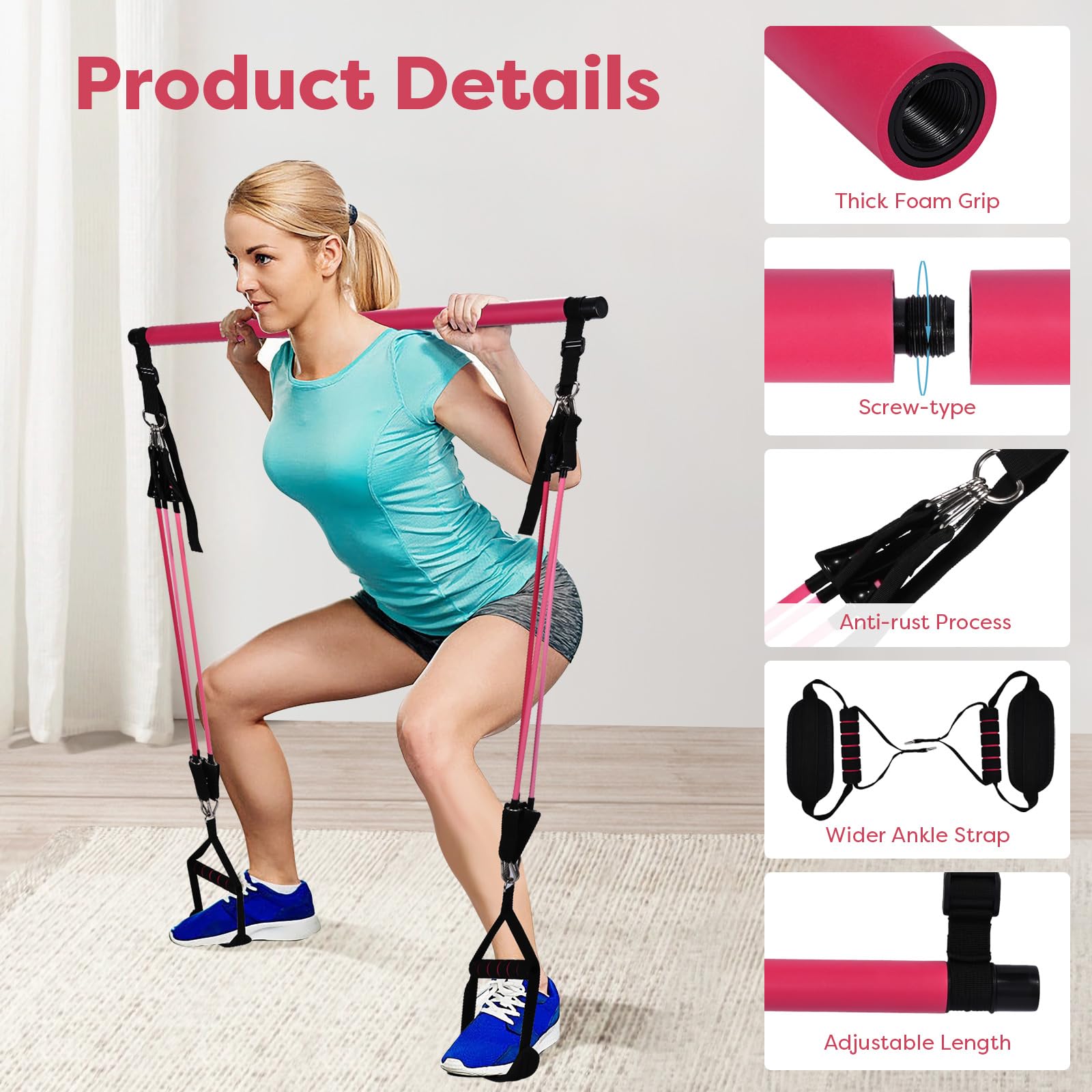 Barra de Pilates, Niest Barra Pilates Hecha de Hierro con 6 Bandas de Resistencia de Tubo de Látex Natural(30-240lbs), Gomas Elasticas Musculacion para Gimnasio En Casa, Navidad