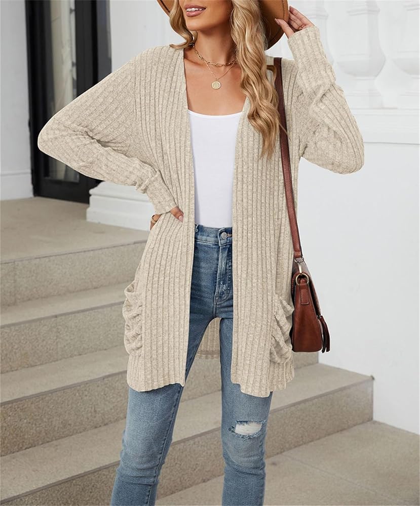 Women Cardigan with Pockets Loose Ribbed Knit Long Sleeved