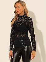 Vista 4 de Allegra K Camiseta de manga larga de encaje para mujer, transparente, ajustada, cuello alto falso, sexy