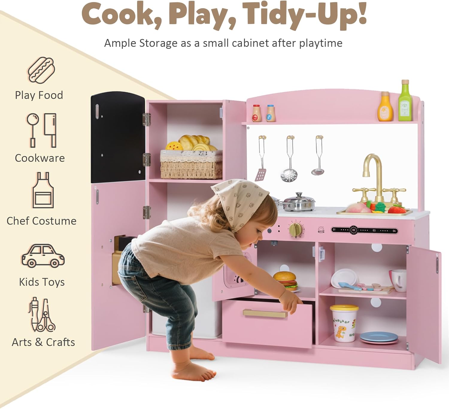 TODEFULL Pretend Kitchen Playset for Kids, Interactive Play Kitchen Wooden Toy Set w/Realistic Design, Sink, Microwave, Ice Maker, Dishwasher, Toddler Cooking Set Toy for Ages 3+, Pink