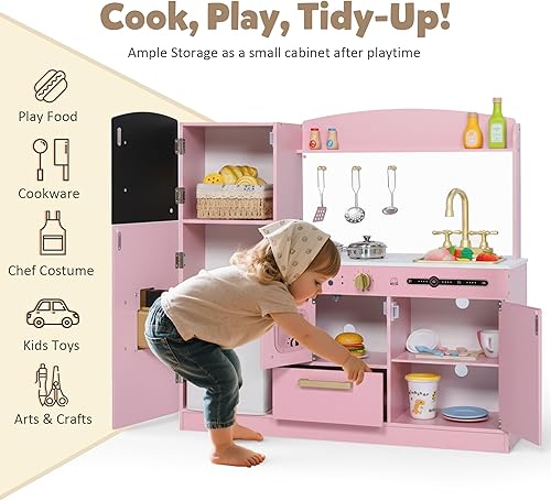 Vista 3 de Juego de cocina de simulación para niños, juego interactivo de madera con diseño realista, fregadero, microondas, máquina de hielo, lavavajillas