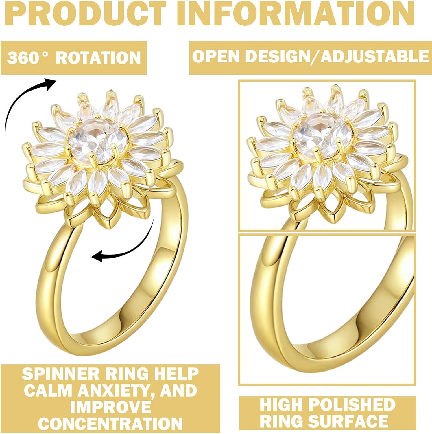 Tondiamo 6 Pcs Fidget Anxiety Rings Women Adjustable Spinner Ring Rotatable Open Cz Crystal Rings for Anxiety Stress Relief - Image 2