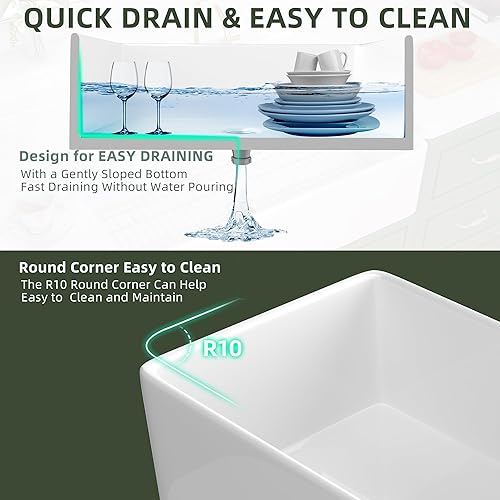 Miniatura 5 de TUKTUK Fregadero de granja blanco de 30 pulgadas, delantal frontal de arcilla refractaria, fregadero de cocina de un solo cuenco, reversible,