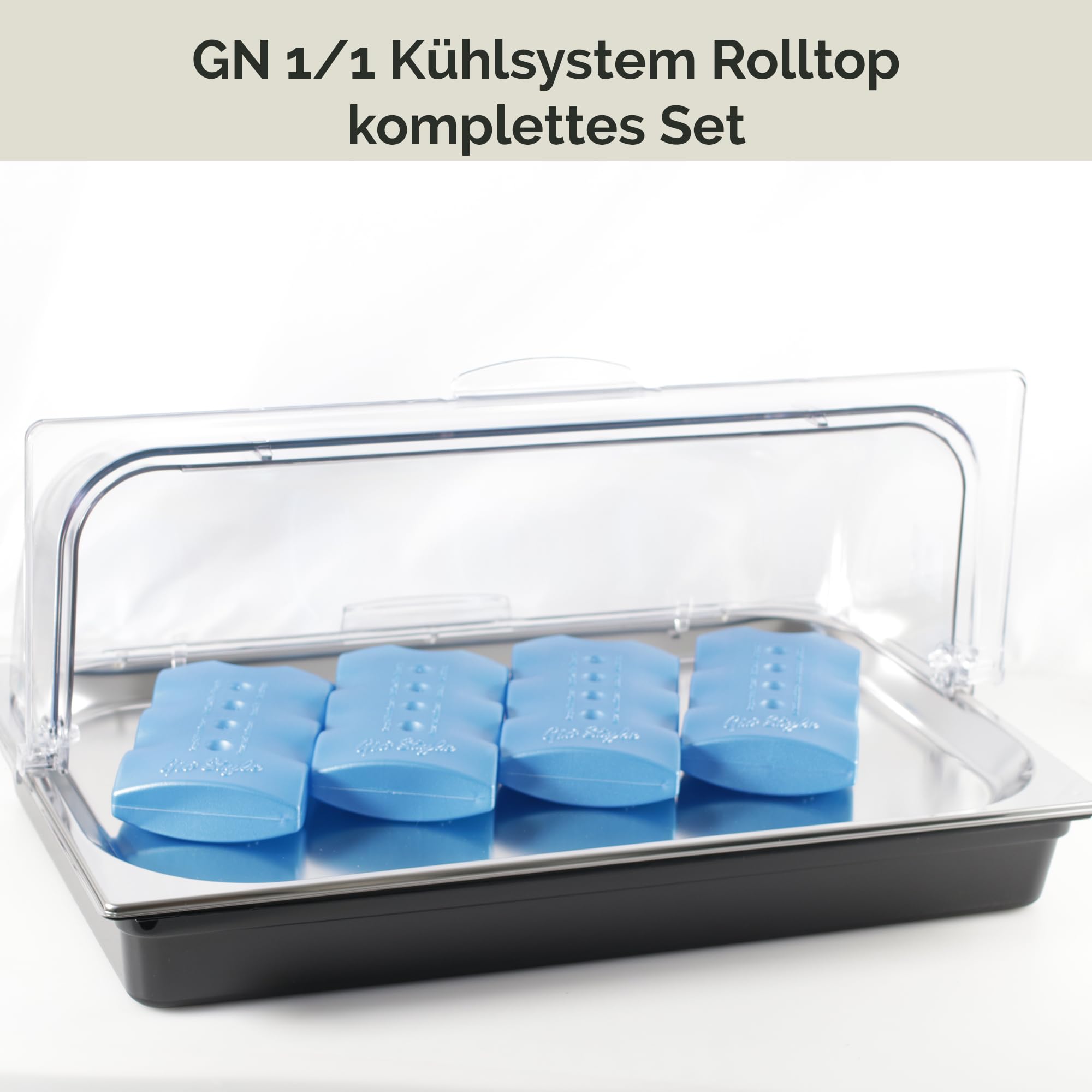 Kerafactum Placa de refrigeración con campana y 4 acumuladores de frío, bandeja para servir con asa, sistema de refrigeración de bufet, sistema de refrigeración GN 1/1, bandeja de acero inoxidable con