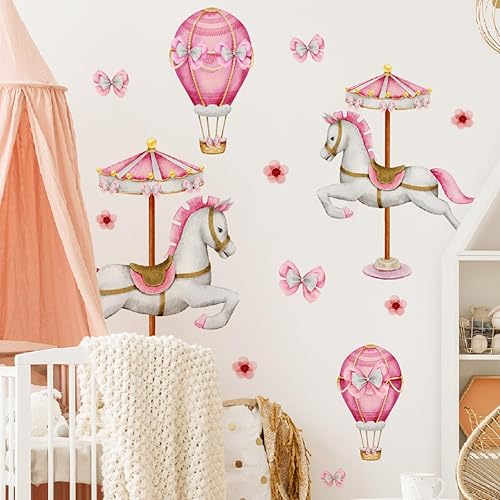 Miniatura 3 de Calcomanías de pared de carrusel de ensueño 3D, 2 carruseles rosados, pajaritas, calcomanías de pared, bricolaje, despegar y pegar, acuarela, globo