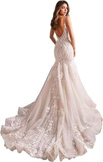 Mermaid Tulle Wedding Dresses Lace Applique Corset V-Neck Sparkly Bridal Gowns with Train for Brides