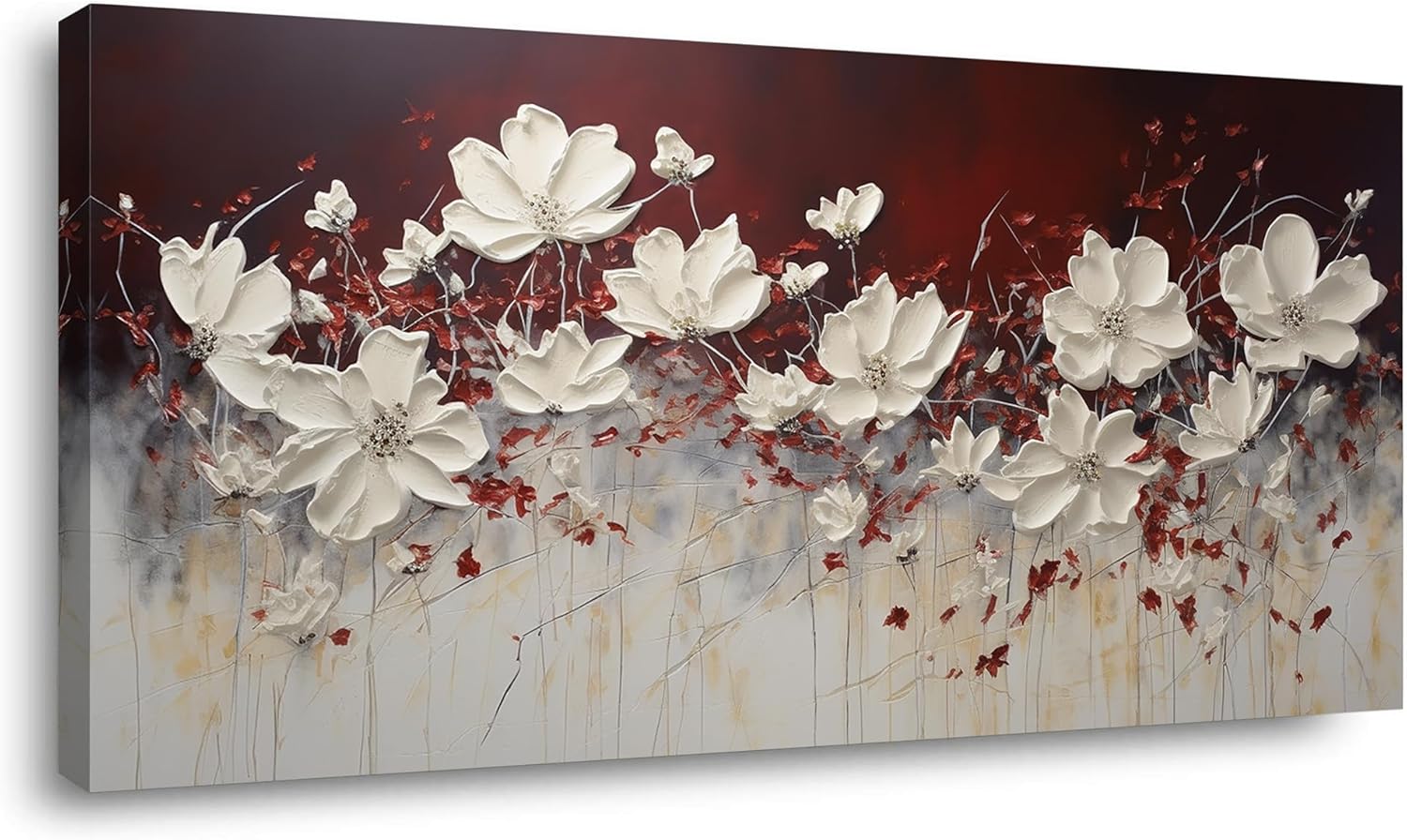 Lasdel Stretched Canvas Wall Art of White Flowers Plant Picture for Living Room Bedroom Home Decoration, Beautiful White and Red Premium Nature Print Artwork Painting Decor, Inner Frame 20x40 Inches