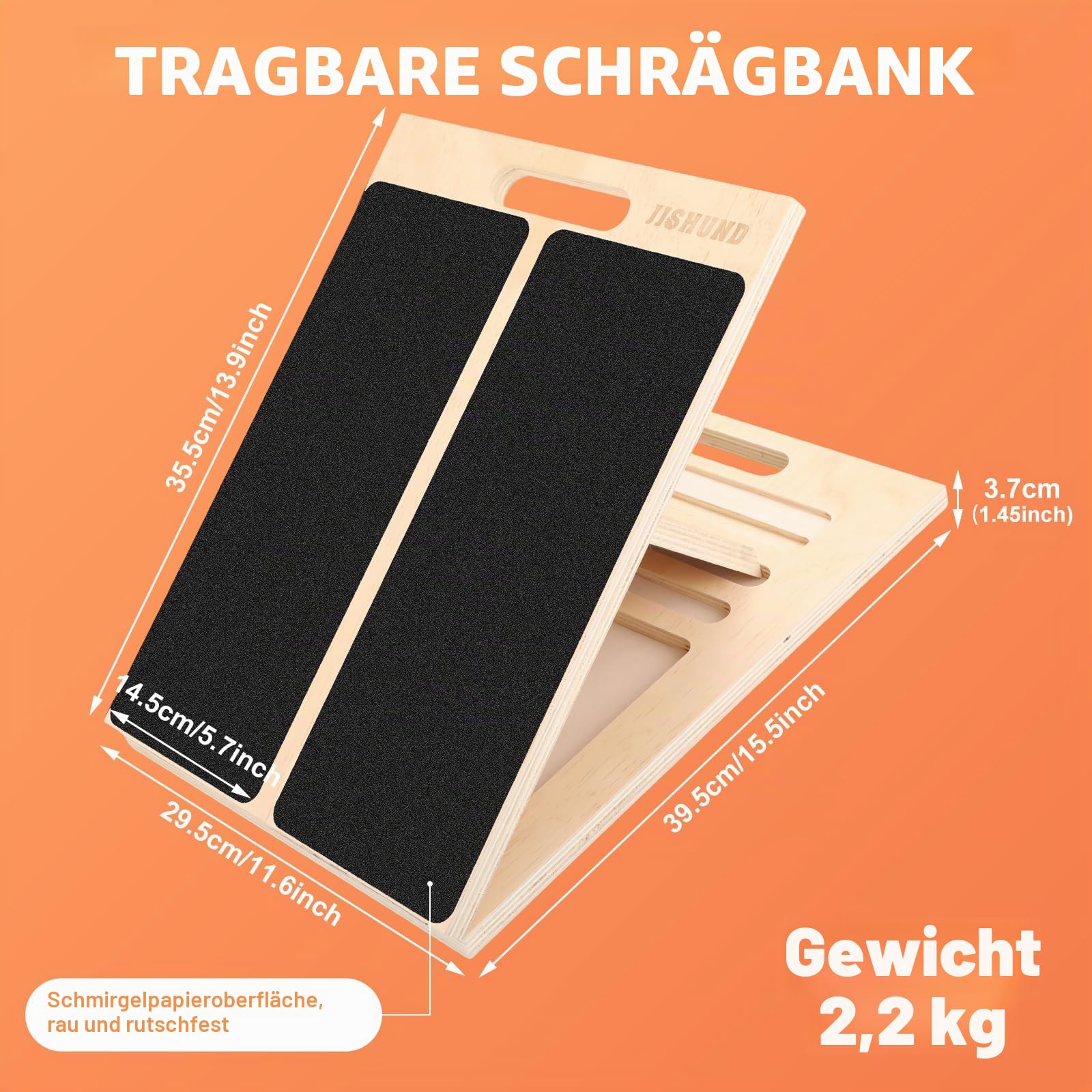 Verstellbares Schrägbrett aus Holz, Wadendehner faltbar mit Griff | 5 Winkel 20°–45°, Rutschfeste Oberfläche, Massivholz bis 250 lb, für Waden, Knöchel und Squat-Stretching