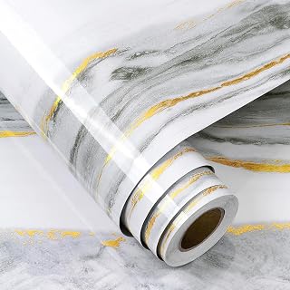 FunStick 40CMx6M Klebefolie Marmoroptik Weiß und Gold Marmor Folie für Möbel Küchenschrank Arbeitsplatte Möbelfolie Selbstklebend Küche Marmor Klebefolie Grau Möbel Badezimmer Tapete Wand Wasserdicht