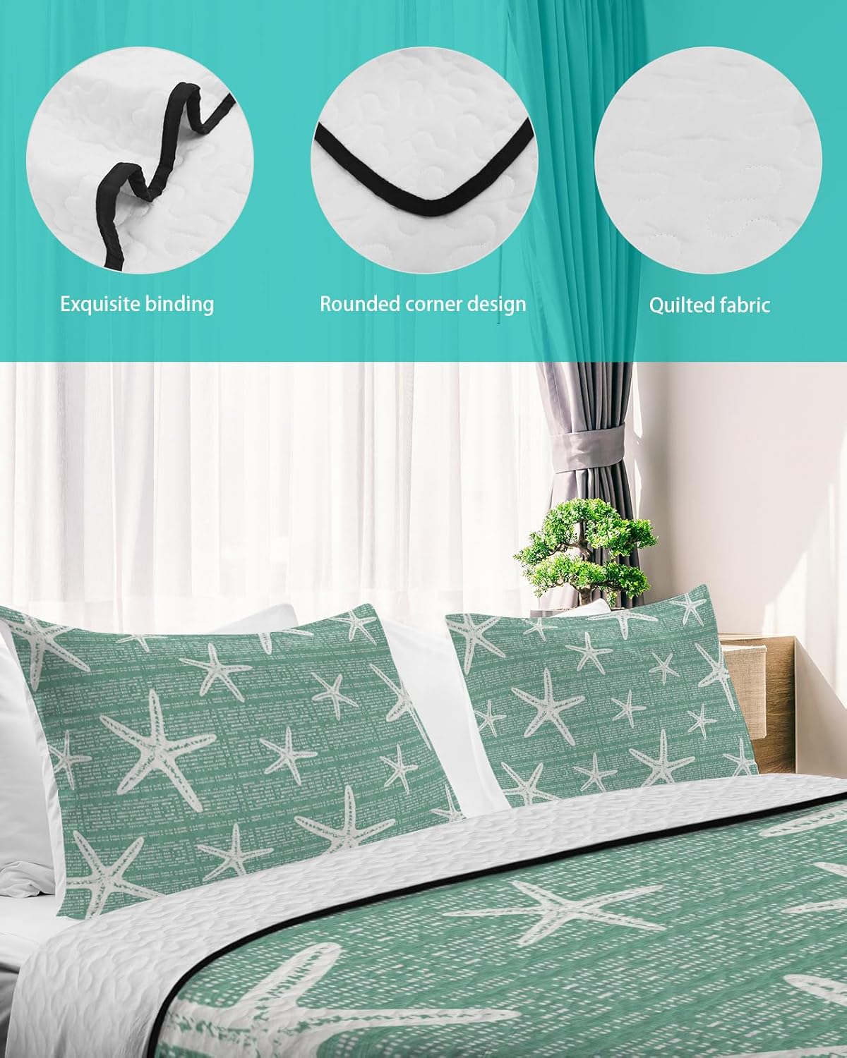 King Size Quilt Set, Summer Ocean Starfish Lightweight Bedspread Coverlet Set Soft Microfiber Summer Quilt with 2 Pillow Shams, Sage Background 3 Piece Comforter Bedding Set