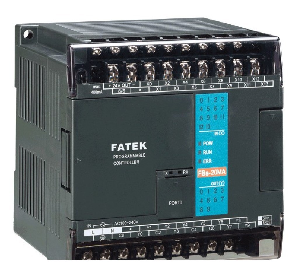 Fronte view of the Fatek FBs-20MAT2-AC PLC Controller, showing input/output terminals, status indicators, and model number.