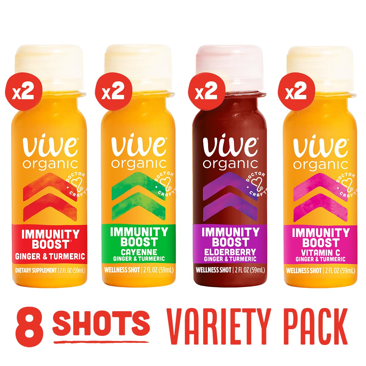 Vive Organic Immunity Boost Shot Sampler Pack | Immunity Boost Original | Immunity Boost Cayenne | Immunity Boost Elderberry | Immunity Boost Vitamin C (2oz shots, pack of 8)