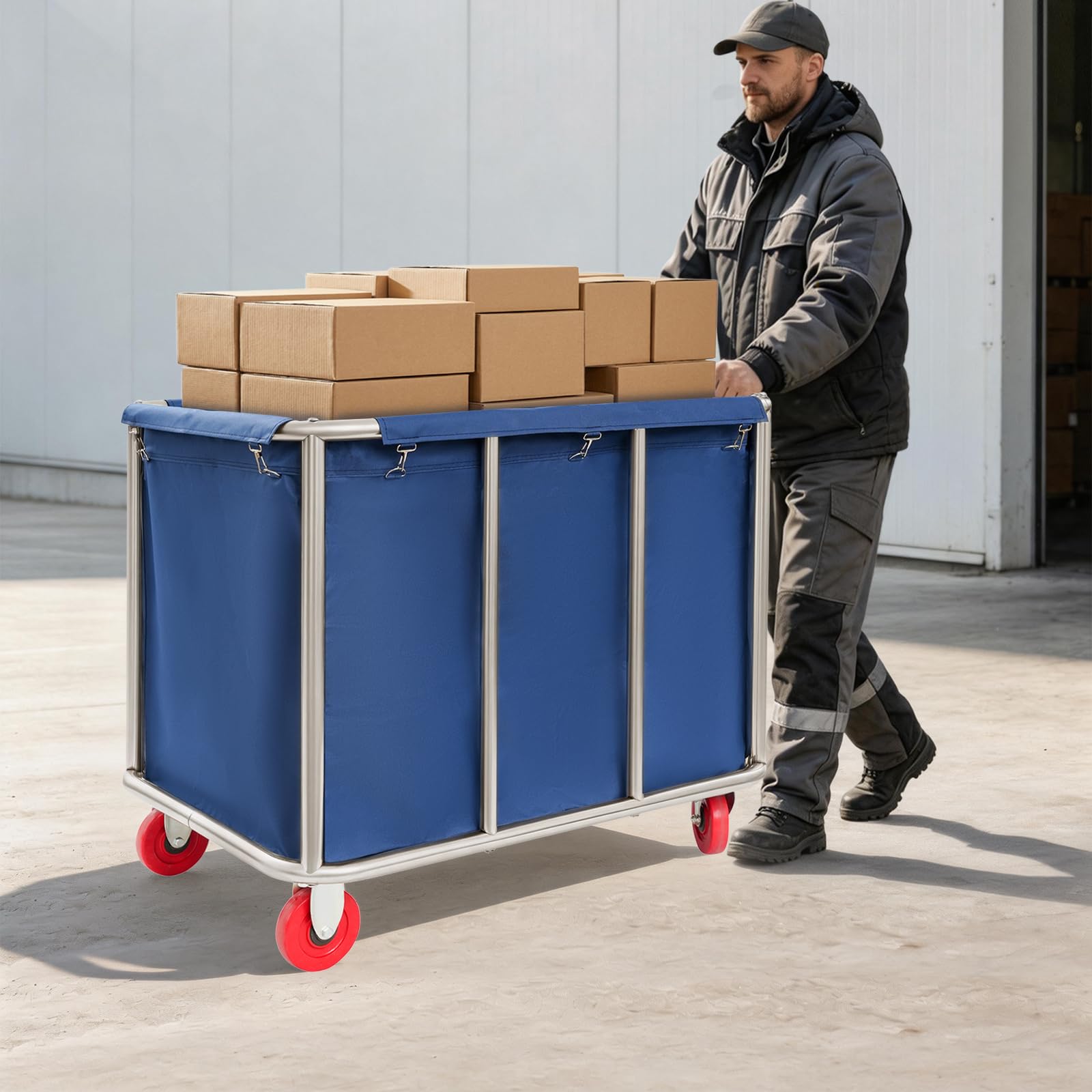 Carrito de lavandería con ruedas de acero inoxidable, 90 x 65 x 80 cm, con tela Oxford, capacidad de carga de 260 libras, carrito de lavandería comercial, para hotel, lavandería, cesta para la colada