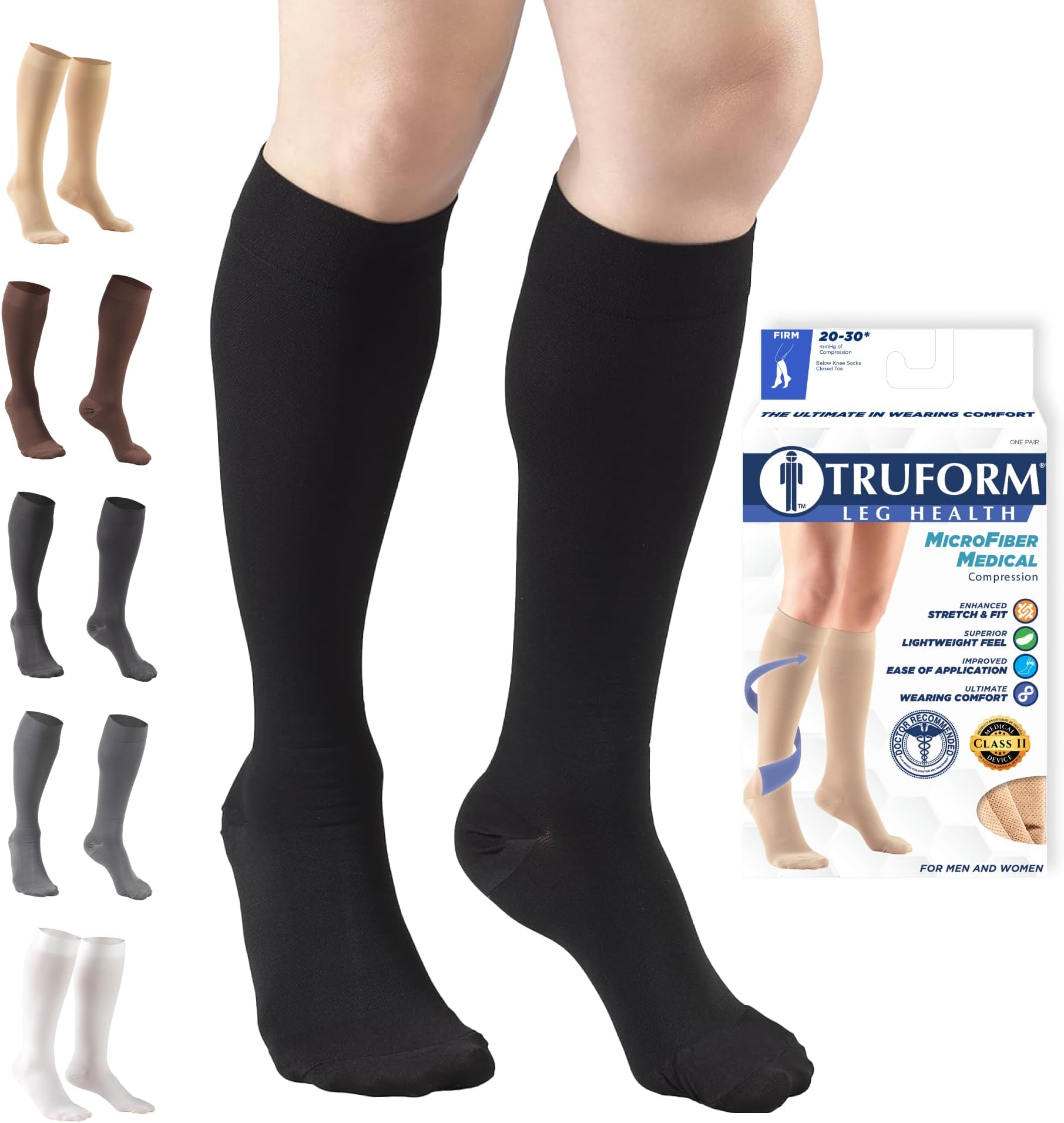 Truform Closed Toe, Knee High 20-30 mmHg Compression Stockings, Black, Large