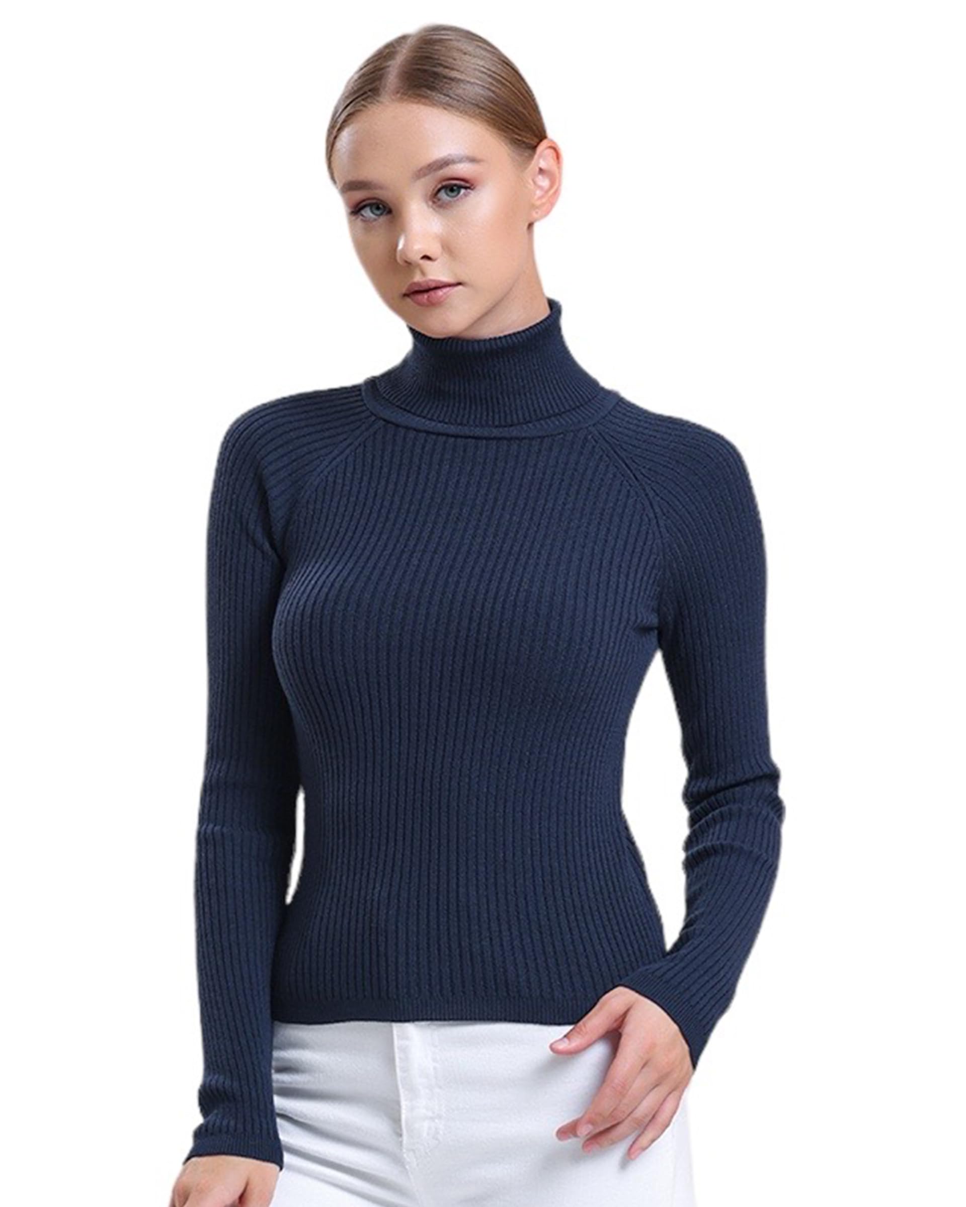 alsestudio Women`s Turtle Neck Jumper Premium Quality Silk Touch Long Sleeve Soft Ribbed Pullover Essential Knitted Roll Neck Sweaters Navy, S