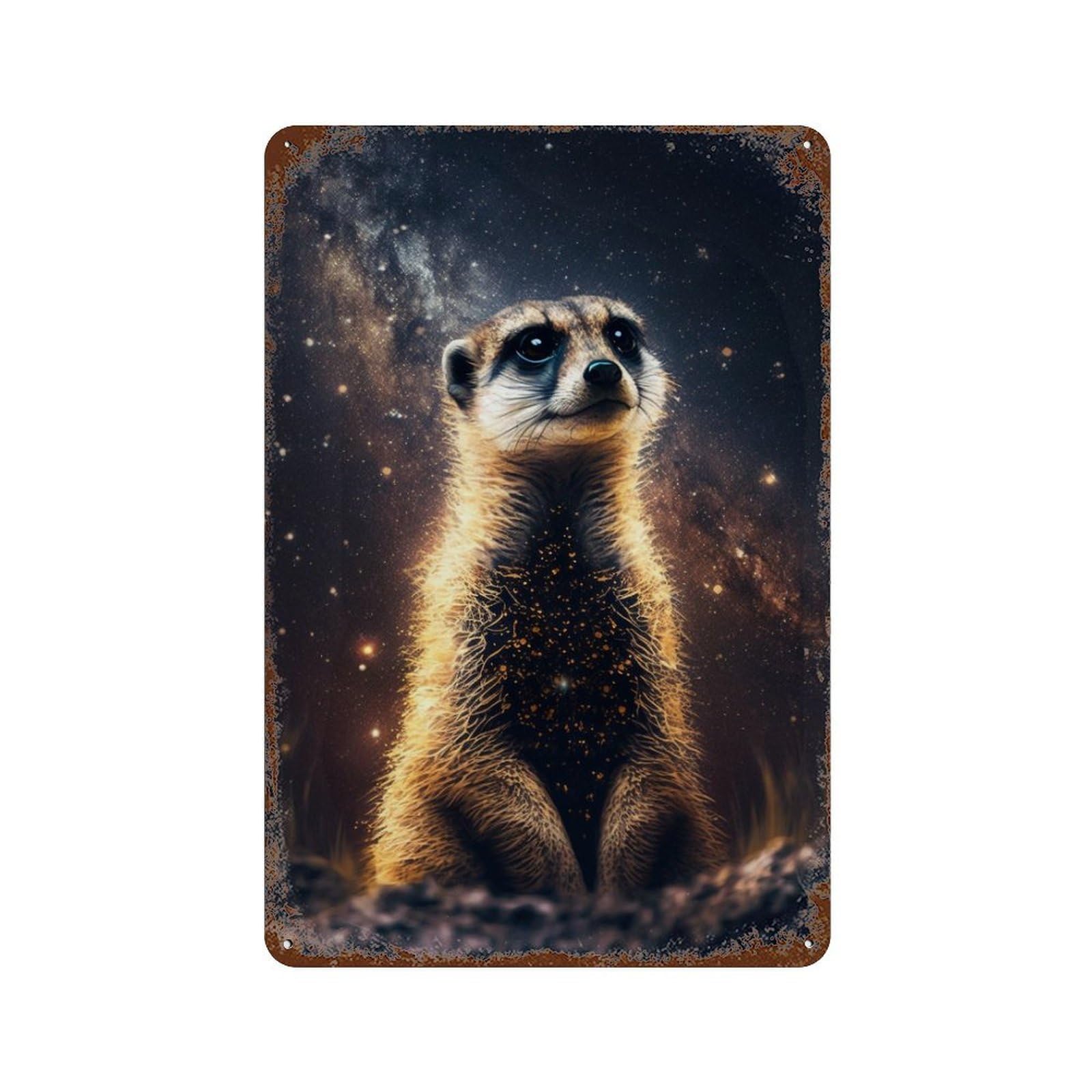 Meerkat in Space -1 Weathered Tin Sign 11.8"x7.9", Decorative Metal Wall Art for Garage, Bar And Workshop Decor