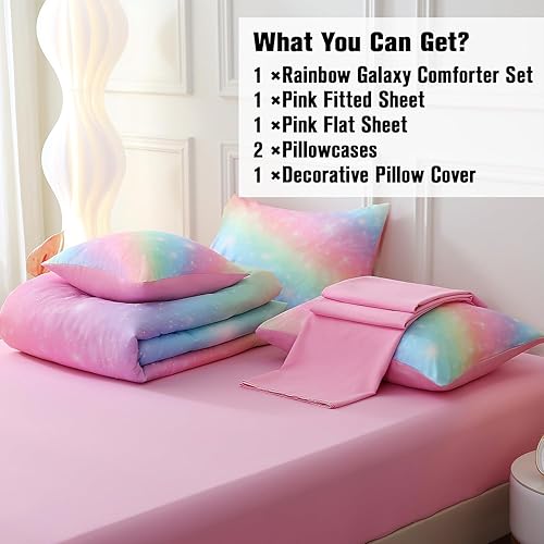 Miniatura 6 de JQinHome Juego de ropa de cama con purpurina, tamaño individual, ropa de cama de 6 piezas en una bolsa, juego de edredón 3D colorido arco iris