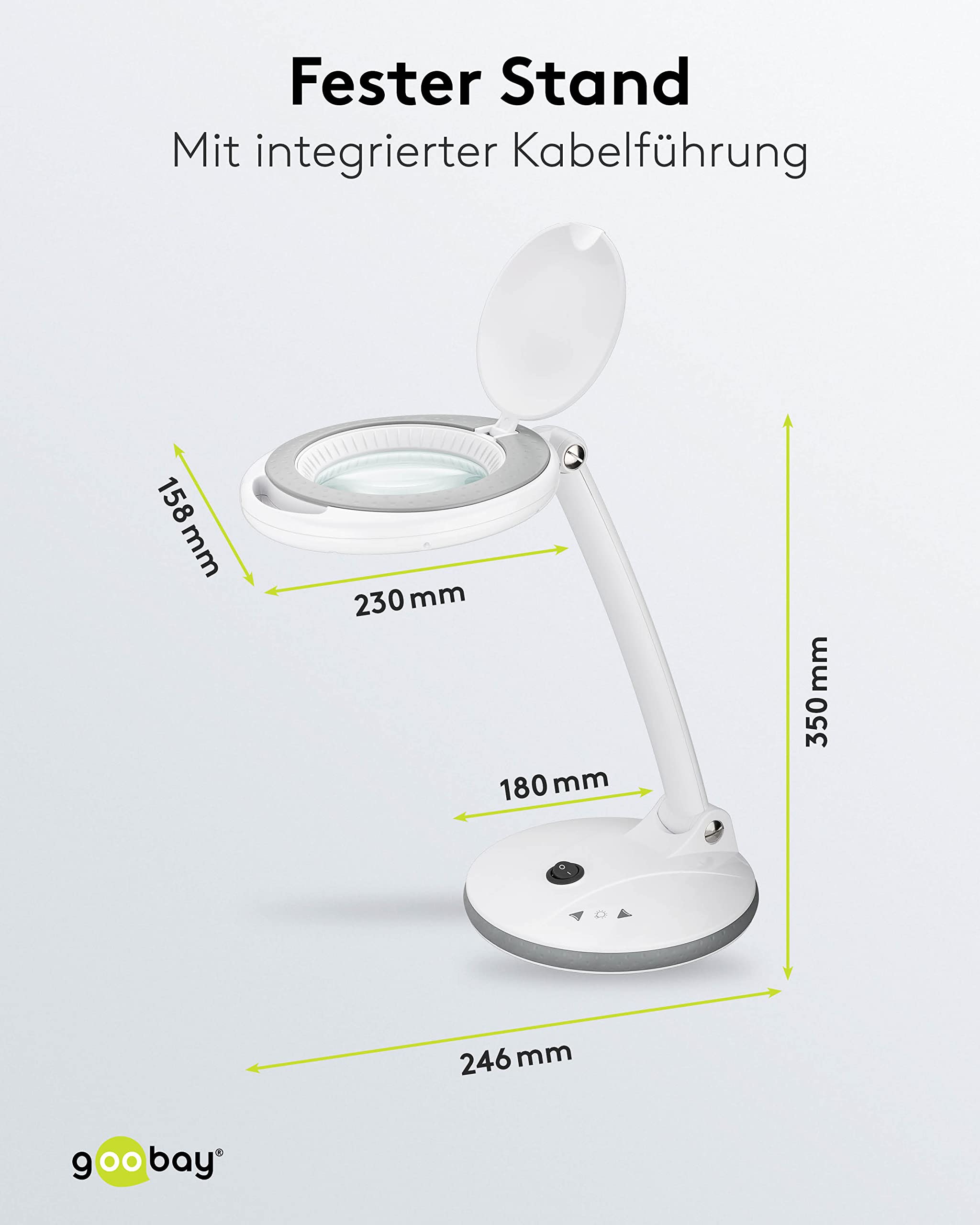Goobay 60363 Lampa powiększająca LED o zmiennej intensywności / lampa powiększająca z stopką / lupa stojąca z światłem / 6 W pochłaniana moc / temperatura barwowa 6500 K / strumień świetlny 450 lm / 230 V (AC)