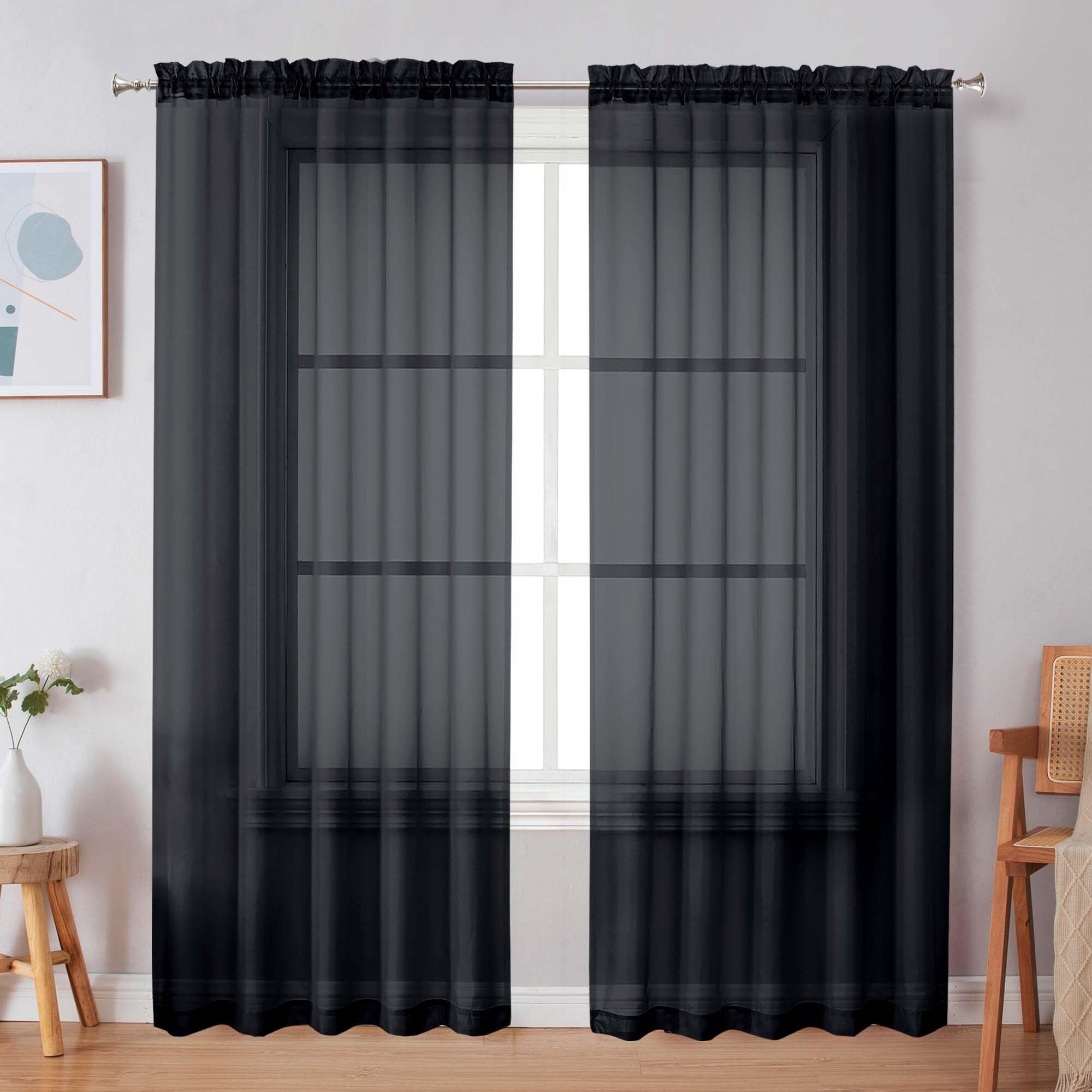 Simplebrand Black Sheer Curtains 72 Inches Long 2 Panels for Living Room