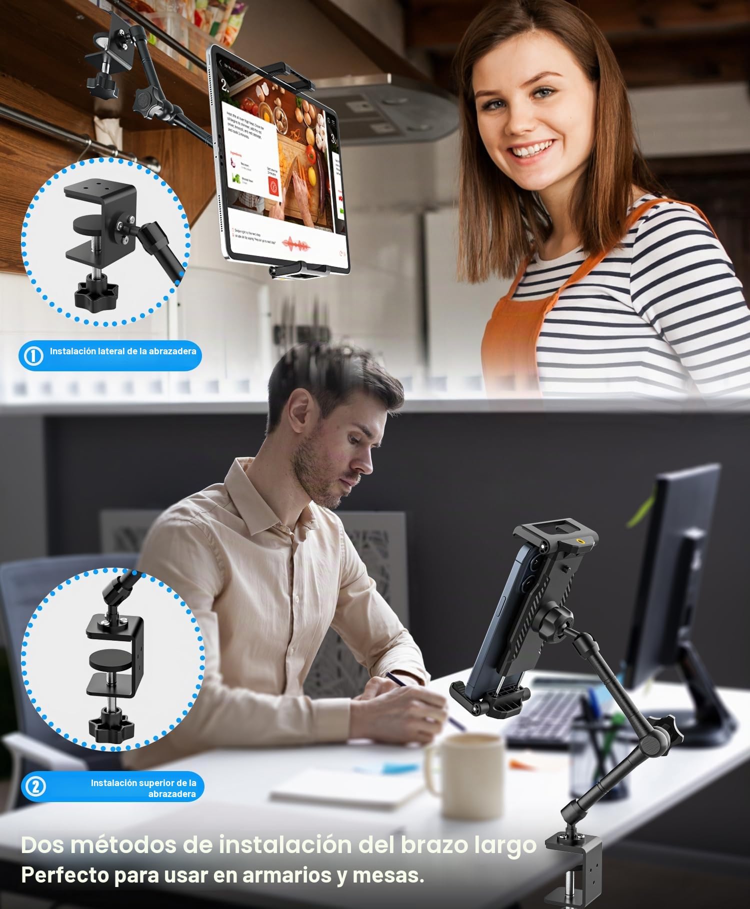 Soporte Tablet Cocina Escritorio con Brazo de Metal Ajustable | Soporte para Tablet Estanteria [Apto para Mesa y Armario] para iPad Pro 12.9 Air Mini, Galaxy Tab Ultra, Switch, de 6-14.6"