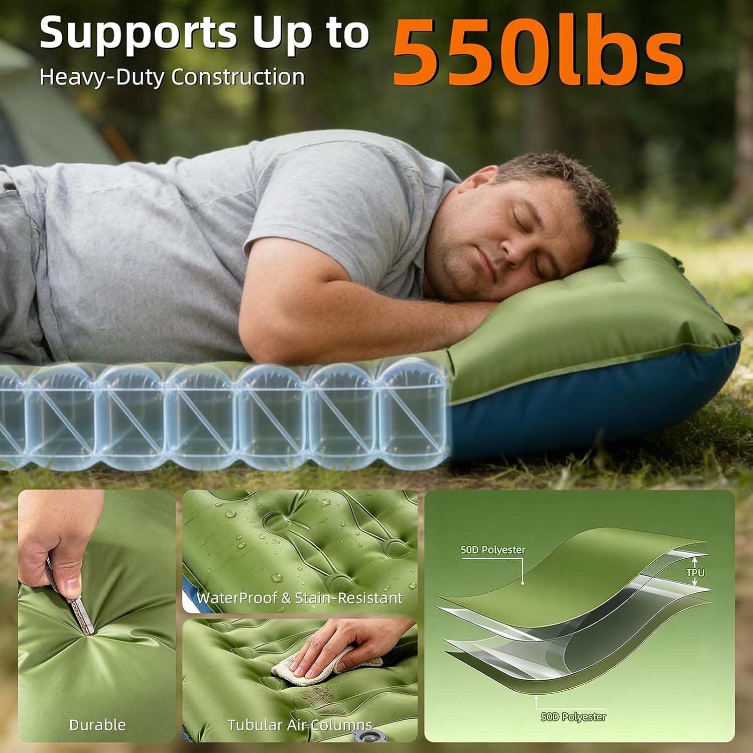 Camping Sleeping Pad, Extra Thick 6 Inch Camping Mat with Built-in Pillow & Foot Pump, Ultralight Inflatable Sleeping Pad for Backpacking Hiking Travel Tent(Green)