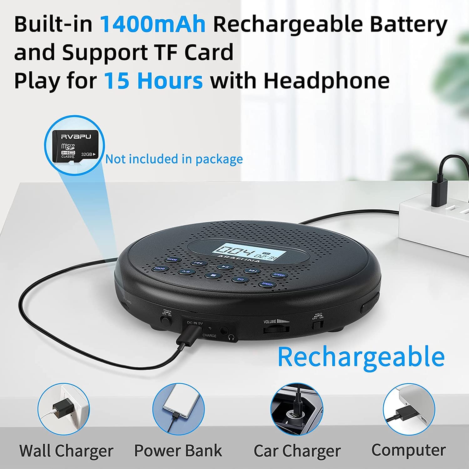 Arafuna Lecteur CD Portable avec Haut-parleurs et Batterie Lithium Intégré de 1400 mAh, Lecteur CD avec Protection Anti-Saut, Baladeur CD avec Casque et câble AUX