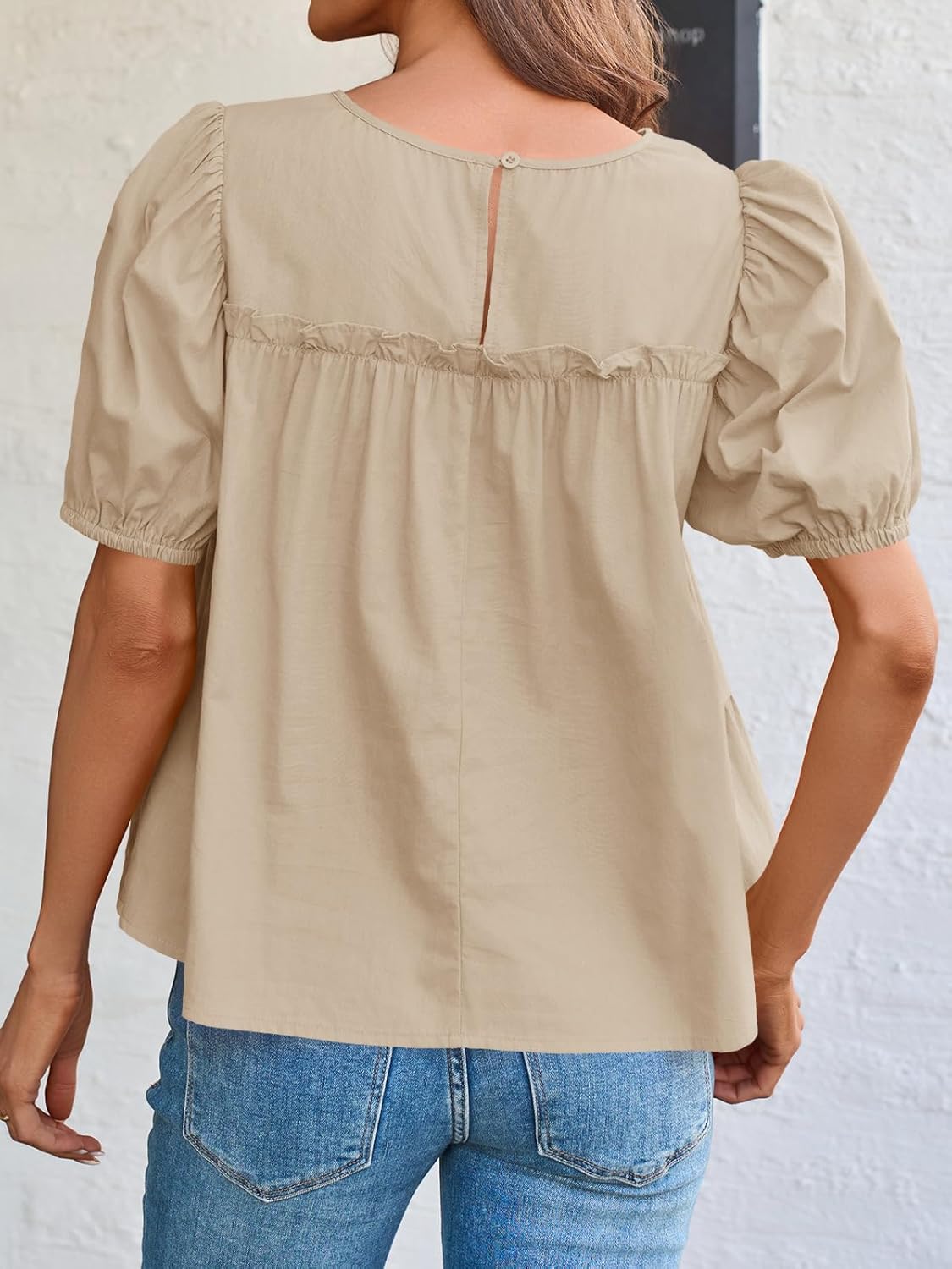 Tankaneo Womens Puff Sleeve Peplum Babydoll Tops Summer Smoked Pleated Cotton T-Shirts Casual Loose Fit Flowy Blouse - Image 7