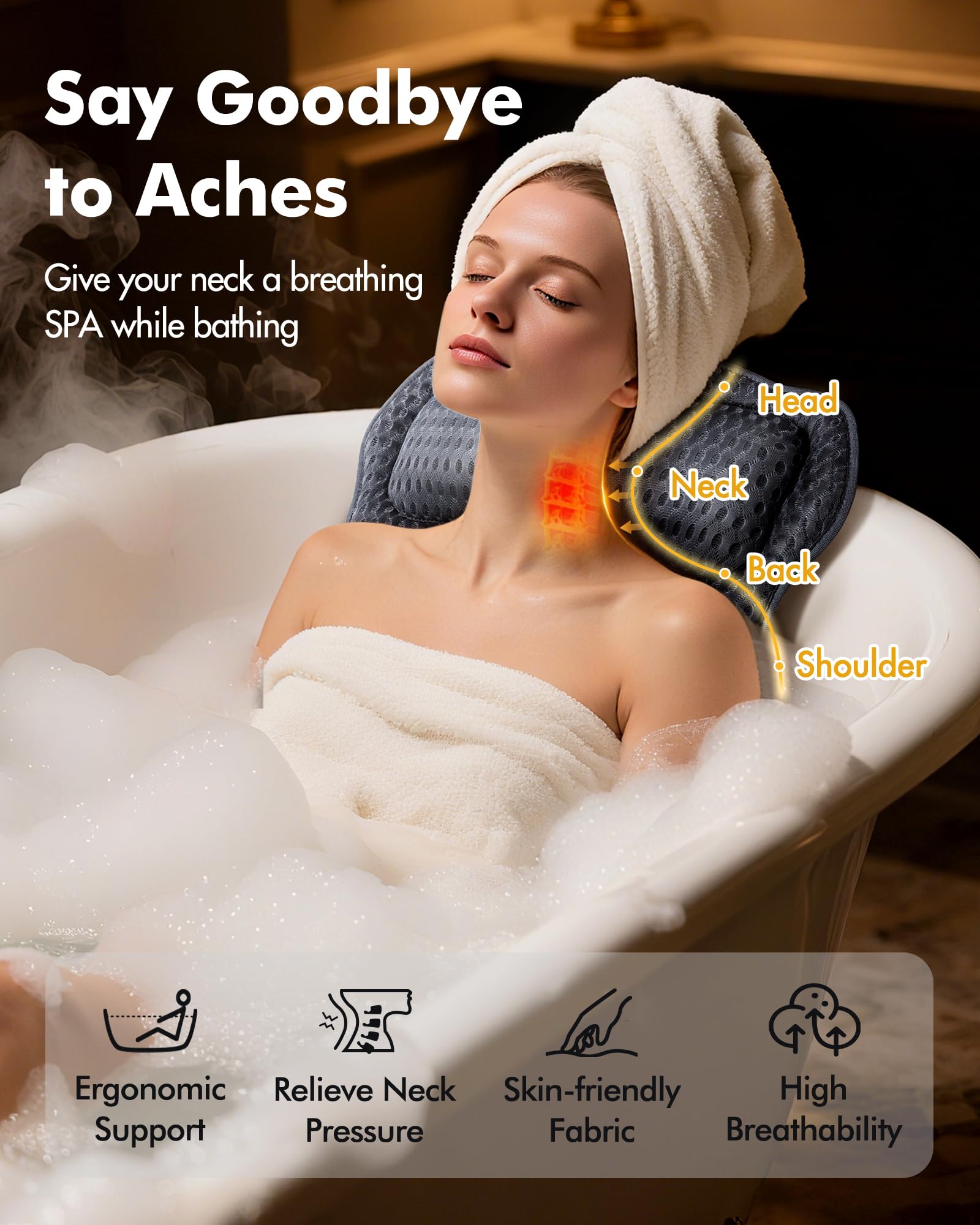 AOPOW Ergonomisches Luxus-Badekissen - 4D Air Mesh Bequemes Badewannenkissen mit Kopf-, Nacken-, Schulter- und Rückenstütze Wasserdichtes Spa-Kissen für Damen und Herren, Geschenke, 6 rutschfeste